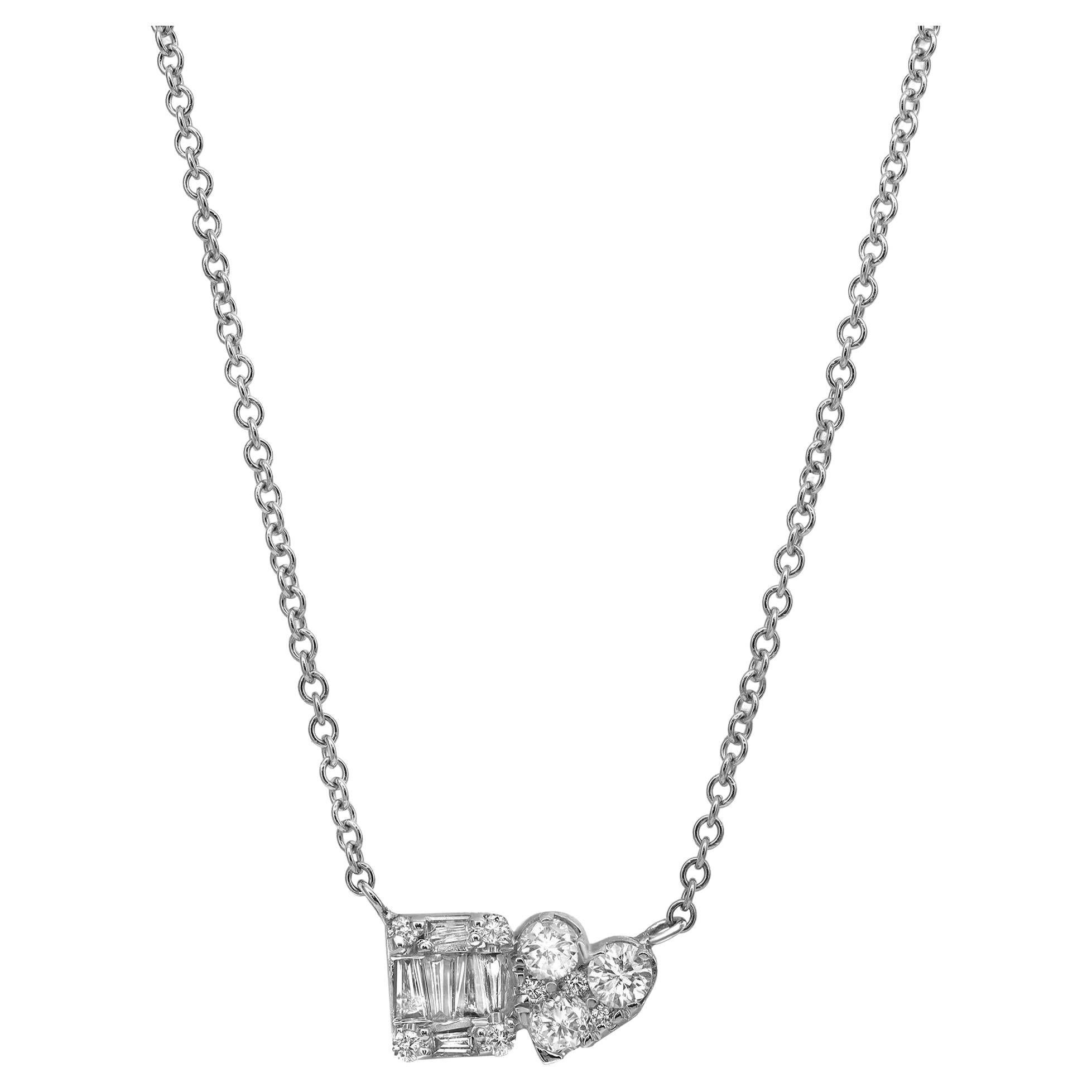 Baguette And Round Cut Diamond Pendant Necklace 14K White Gold 0.44Cttw For Sale