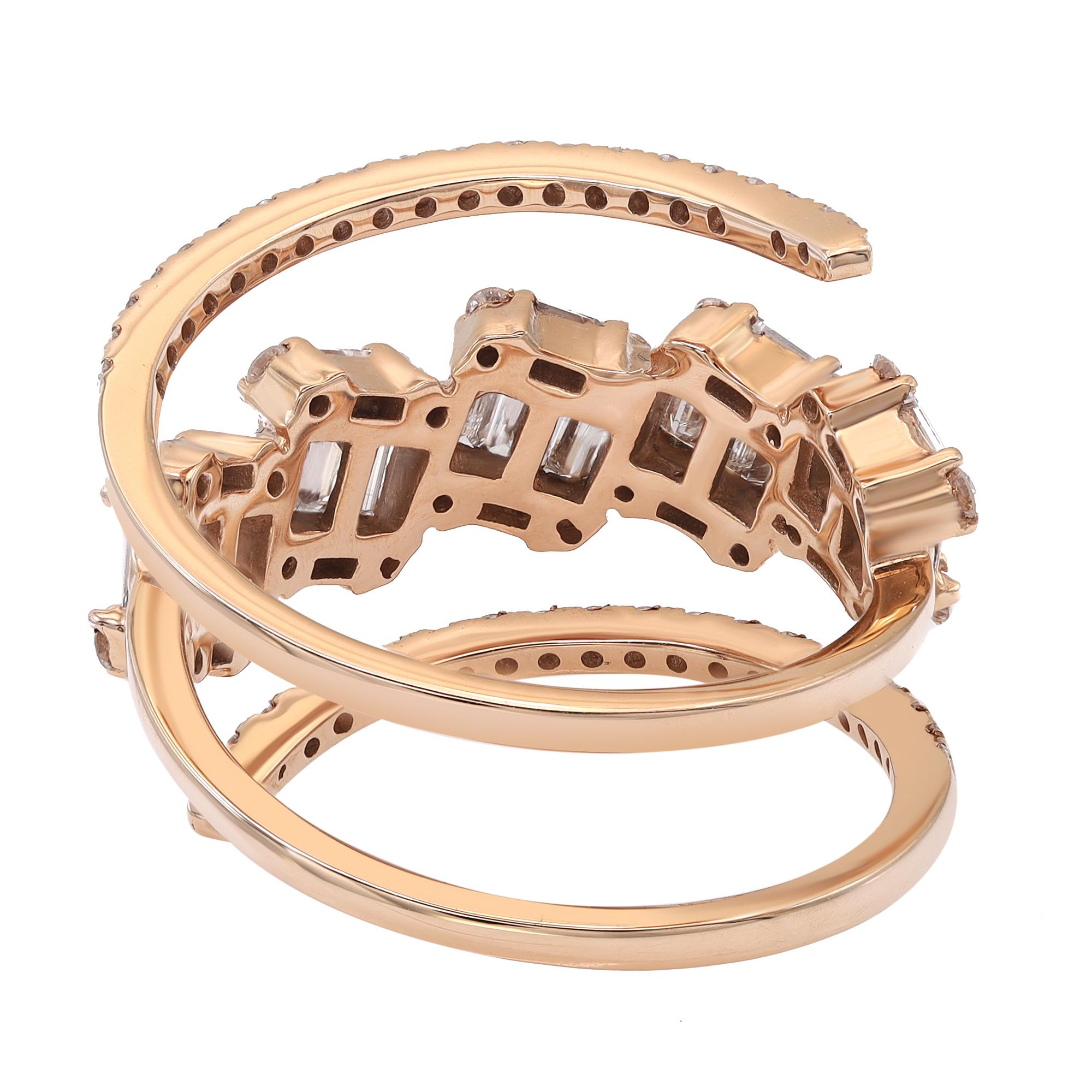 Modern Baguette and Round Cut Diamond Spiral Wrap Ring 18K Rose Gold 1.29Cttw For Sale