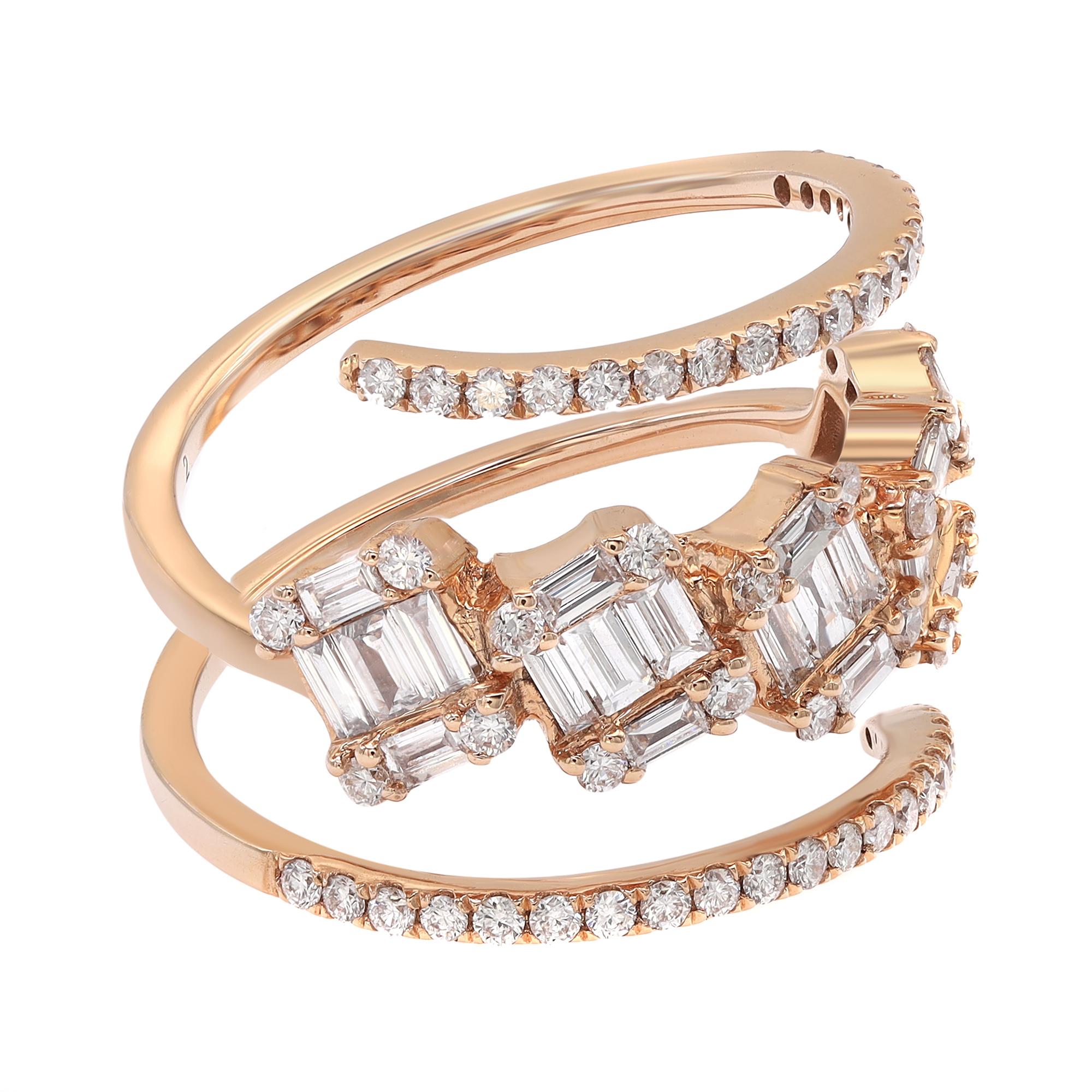 Baguette Cut Baguette and Round Cut Diamond Spiral Wrap Ring 18K Rose Gold 1.29Cttw For Sale