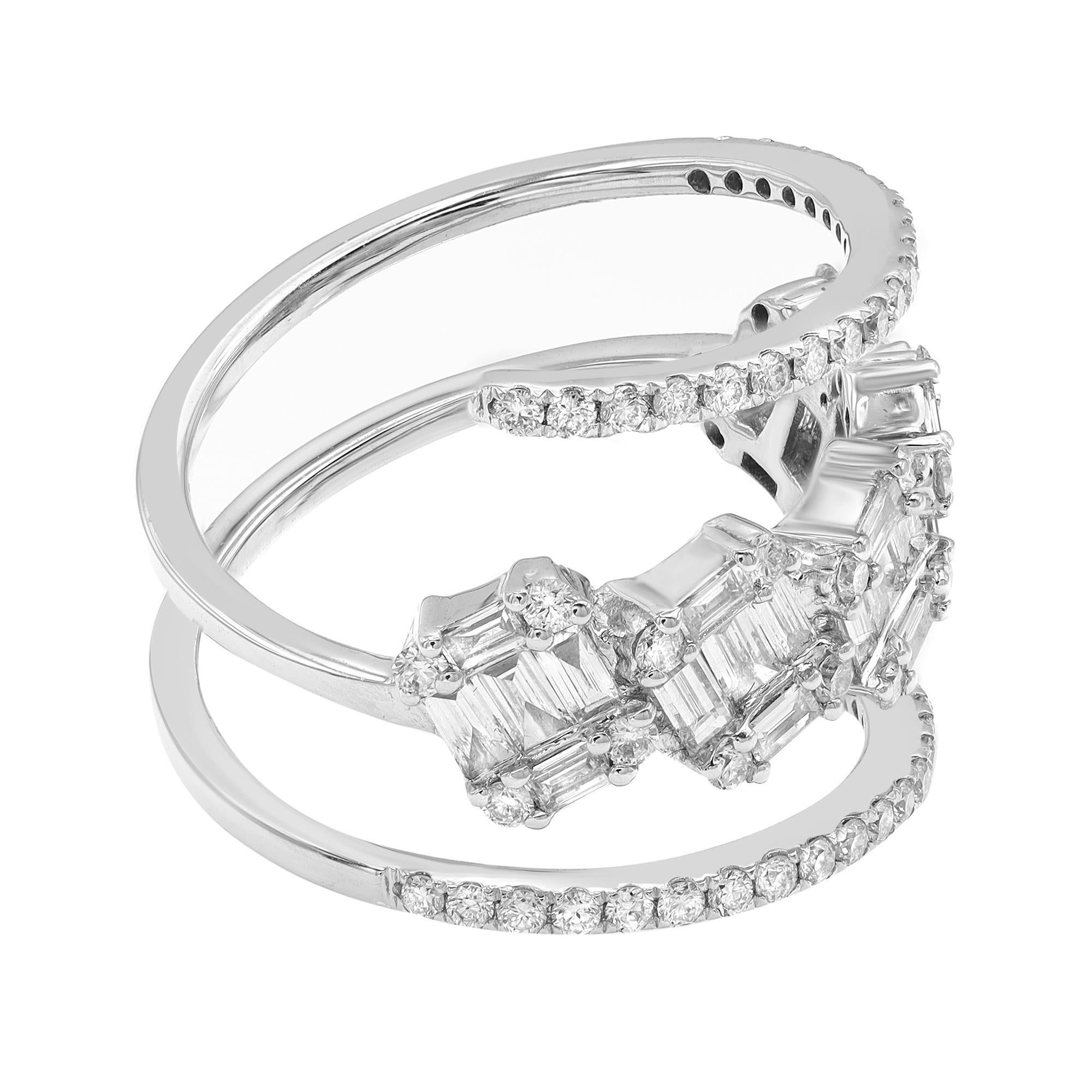Baguette Cut Baguette and Round Cut Diamond Spiral Wrap Ring 18K White Gold 1.27cttw For Sale