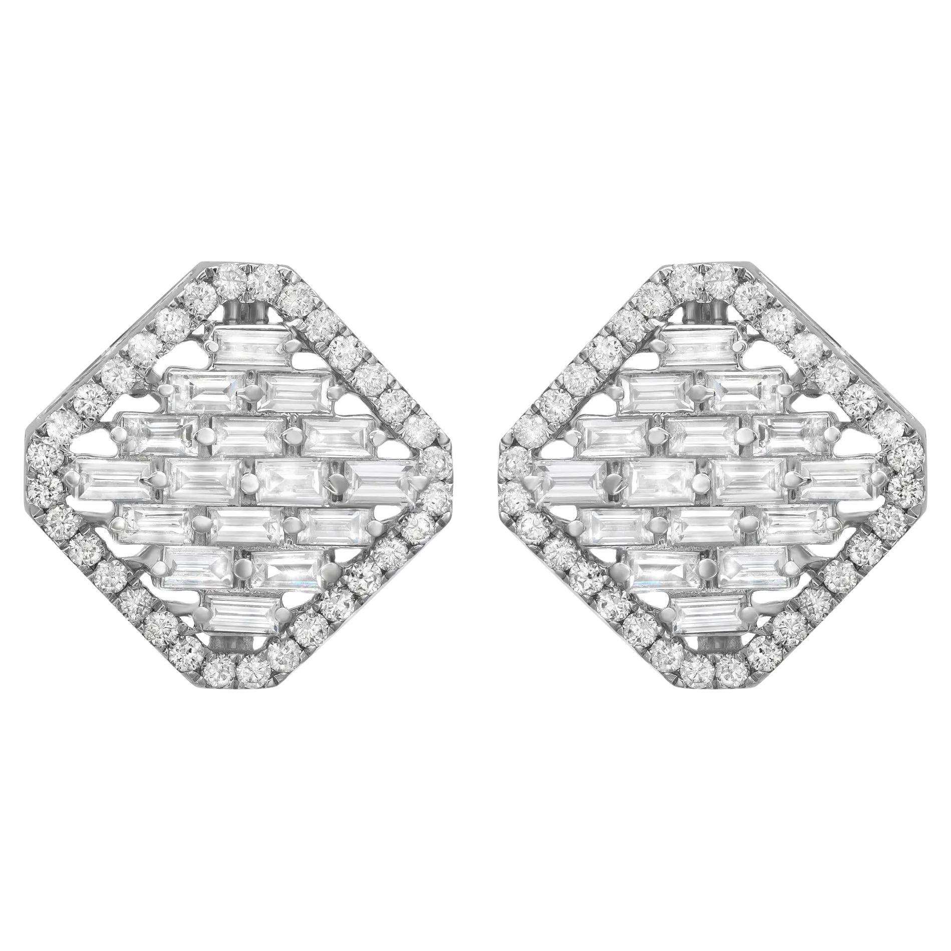 Boucles d'oreilles diamant baguette et rond en or blanc 14K 1.72Cttw