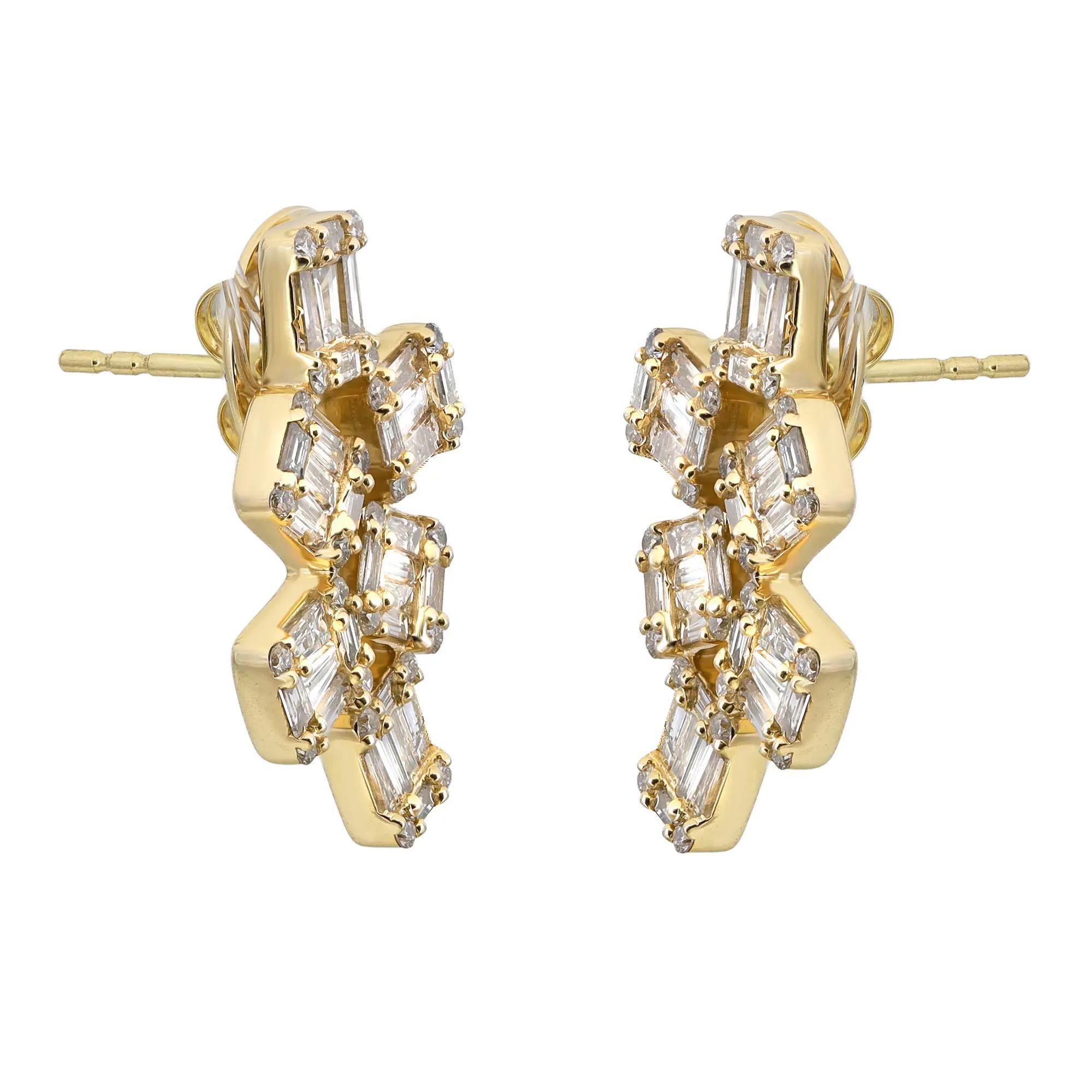 Moderne Boucles d'oreilles en or jaune 14K avec diamants baguettes et ronds 2.39Cttw en vente