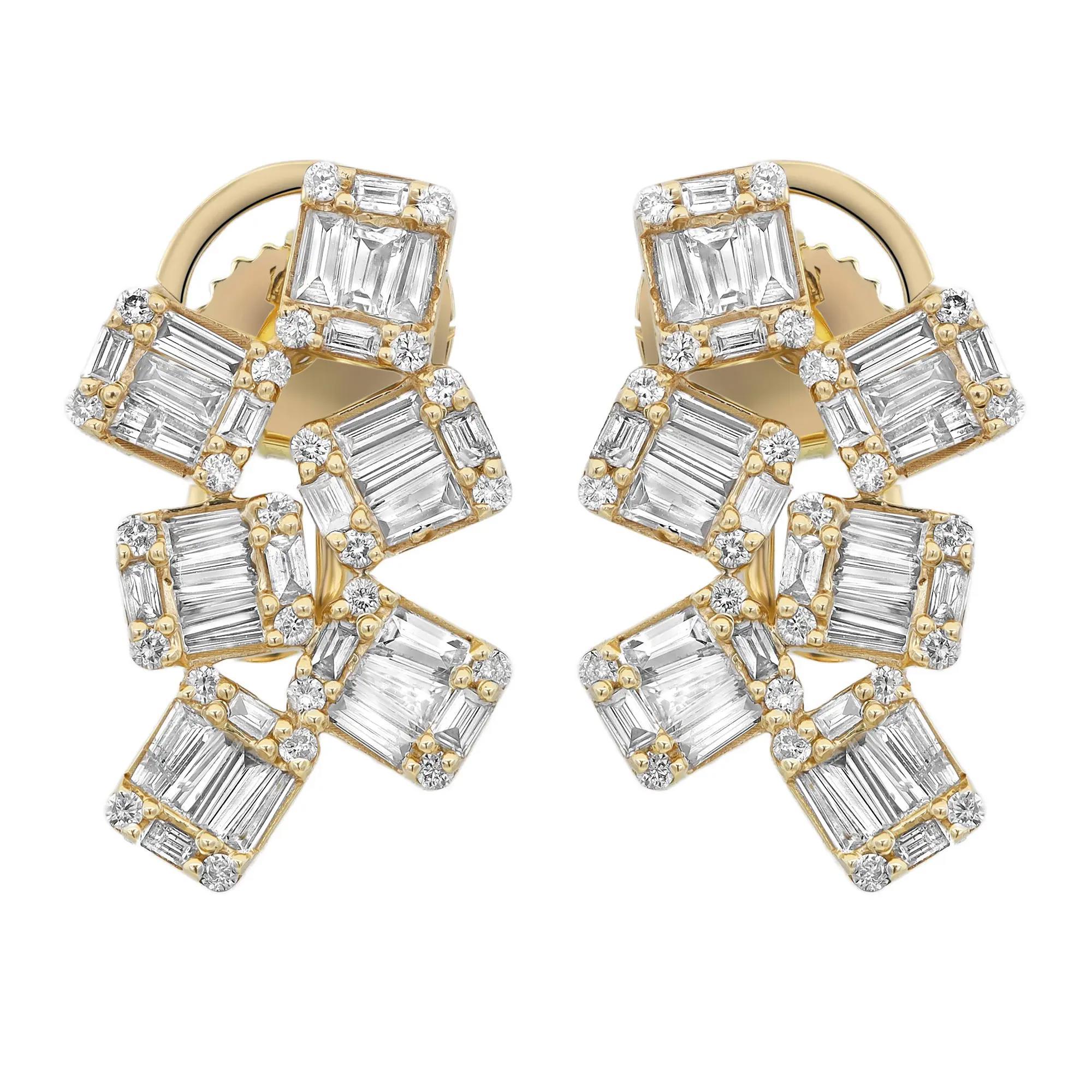 Baguette And Round Cut Diamond Stud Earrings 14K Yellow Gold 2.39Cttw