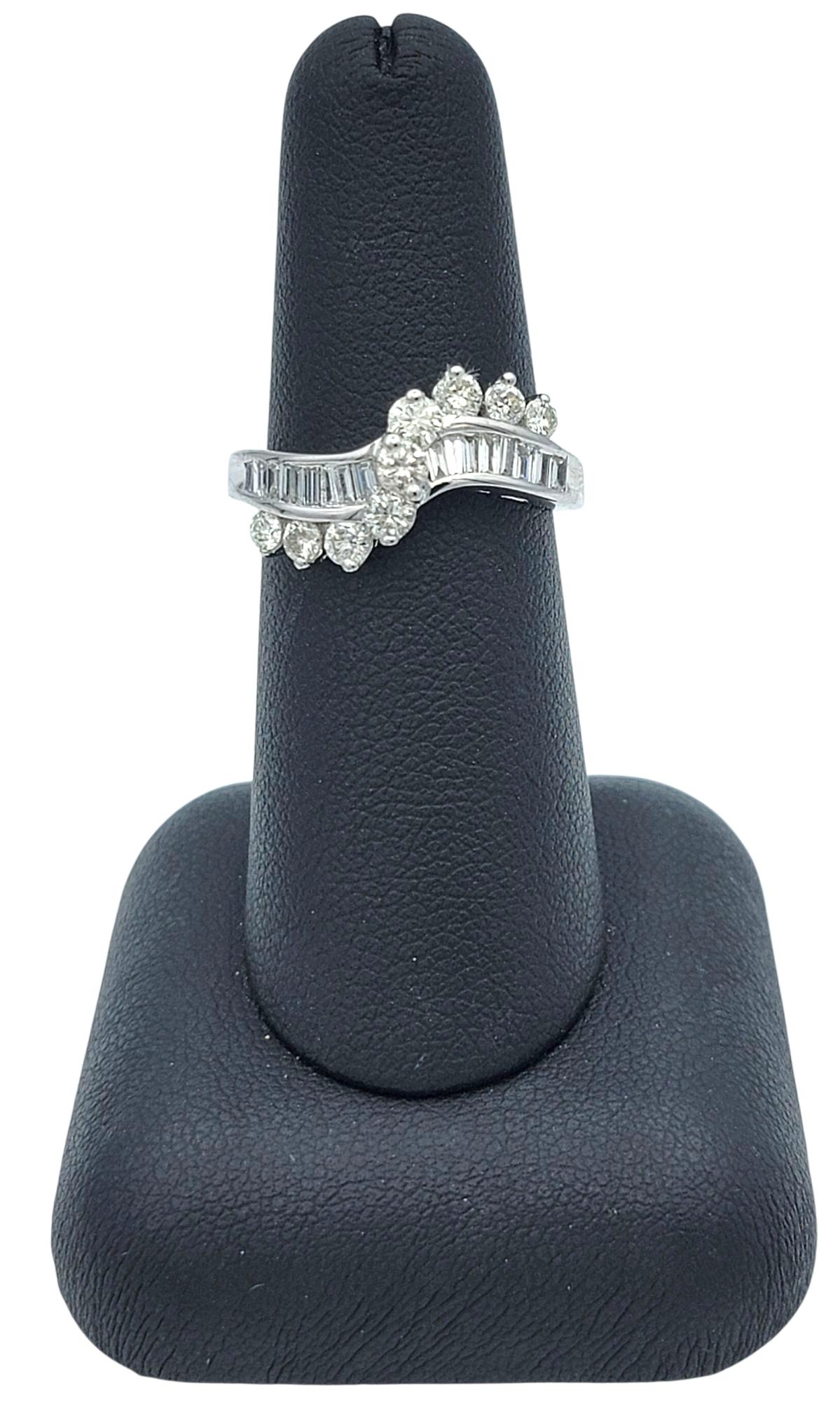 Baguette and Round Cut Diamond Wave Band Ring in Polished 14 Karat White Gold en venta 4