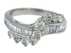 Baguette and Round Cut Diamond Wave Band Ring in Polished 14 Karat White Gold
