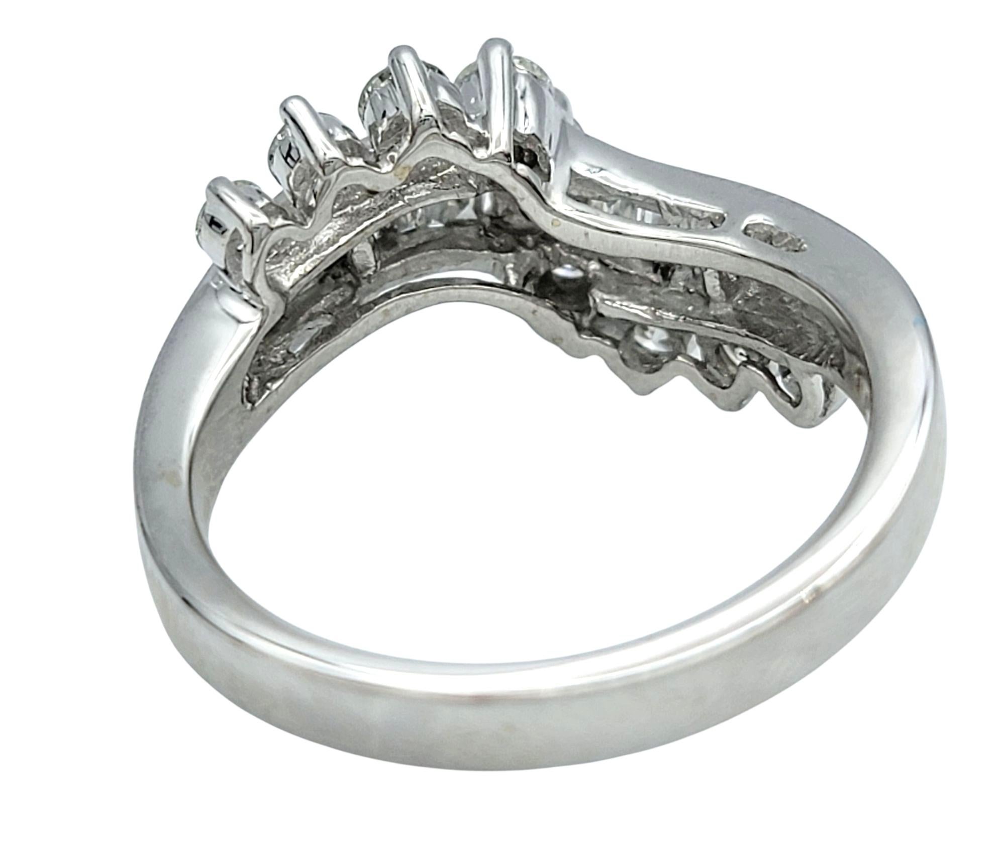 De las mujeres Baguette and Round Cut Diamond Wave Band Ring in Polished 14 Karat White Gold en venta