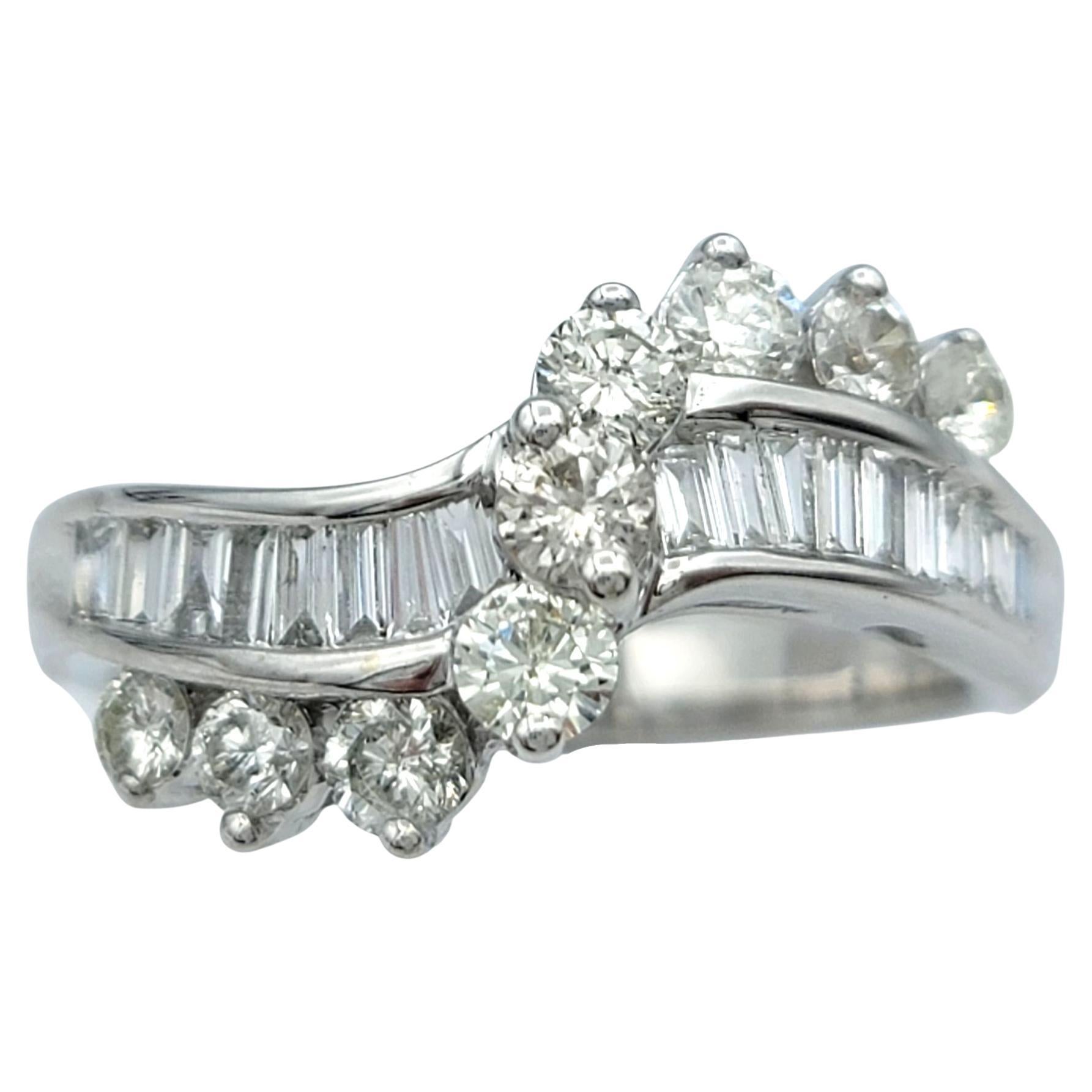 Baguette and Round Cut Diamond Wave Band Ring in Polished 14 Karat White Gold en venta
