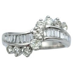 Baguette and Round Cut Diamond Wave Band Ring in Polished 14 Karat White Gold