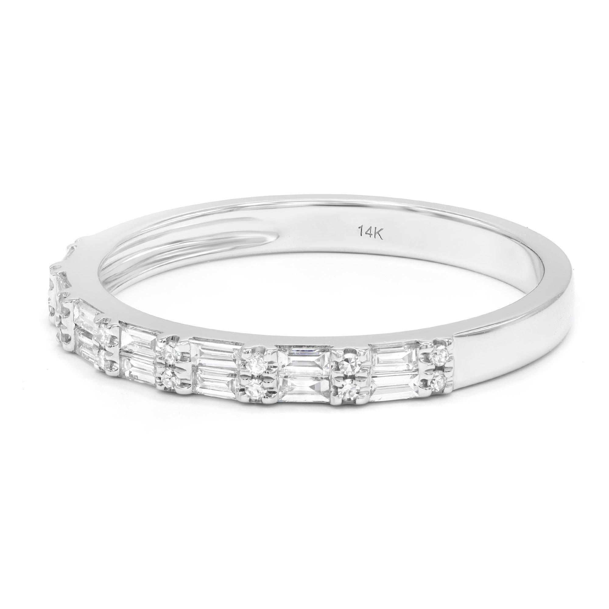 This beautiful diamond wedding band ring is a perfect fit for any occasion. Crafted in 14K white gold, set with baguette and round cut diamonds weighing 0.35cttw. Diamond color G-H and VS-SI clarity. Stackable and easy to mix and match. Ring size