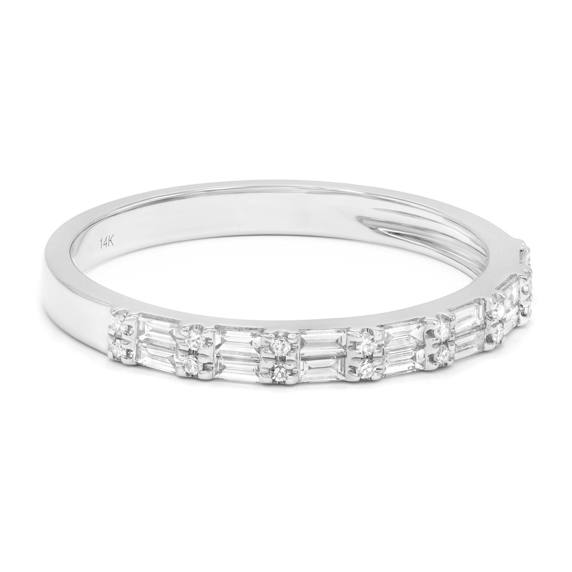 Baguette Cut Baguette and Round Cut Diamond Wedding Band 14K White Gold 0.35cttw Size 7.5 For Sale