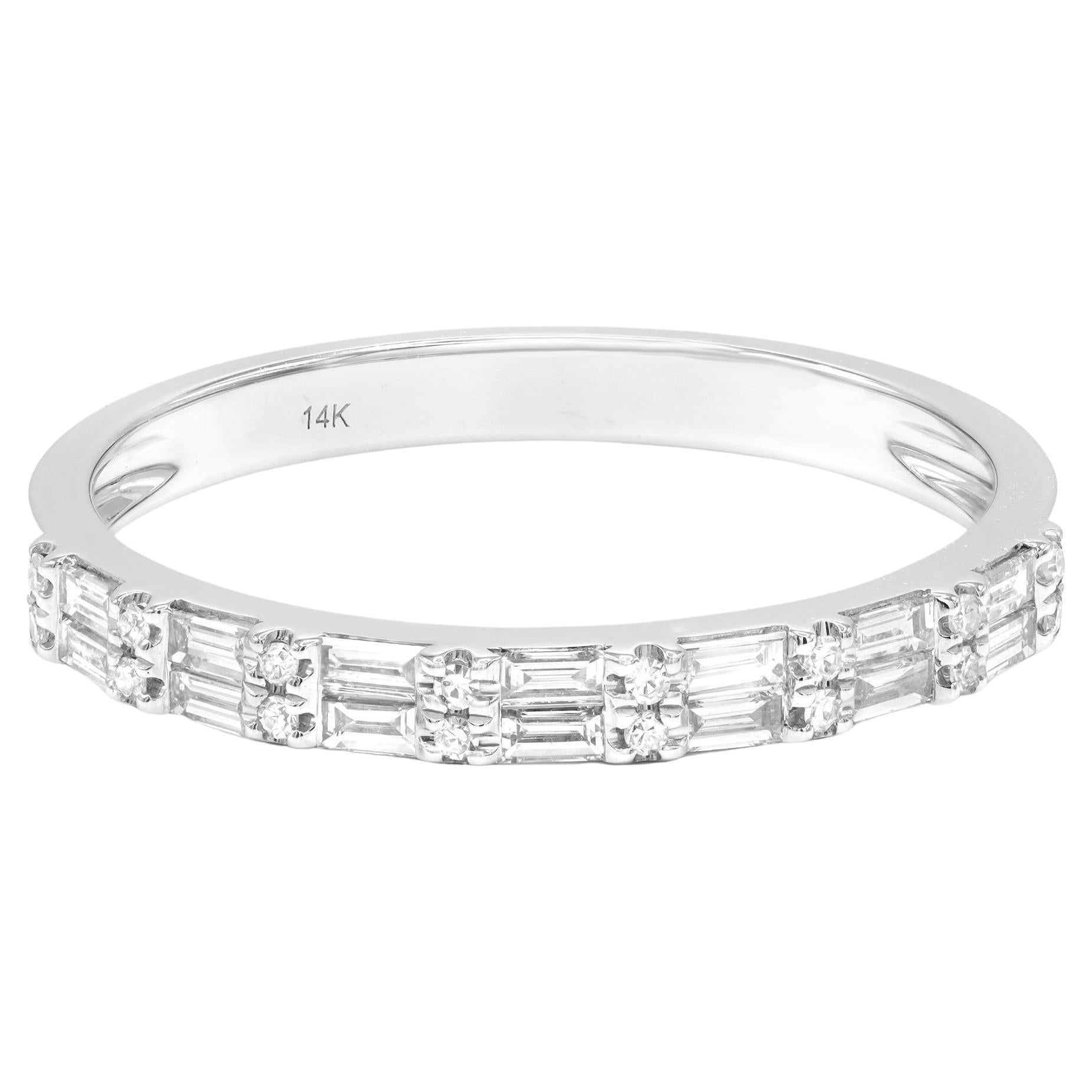Baguette and Round Cut Diamond Wedding Band 14K White Gold 0.35cttw Size 7.5 For Sale