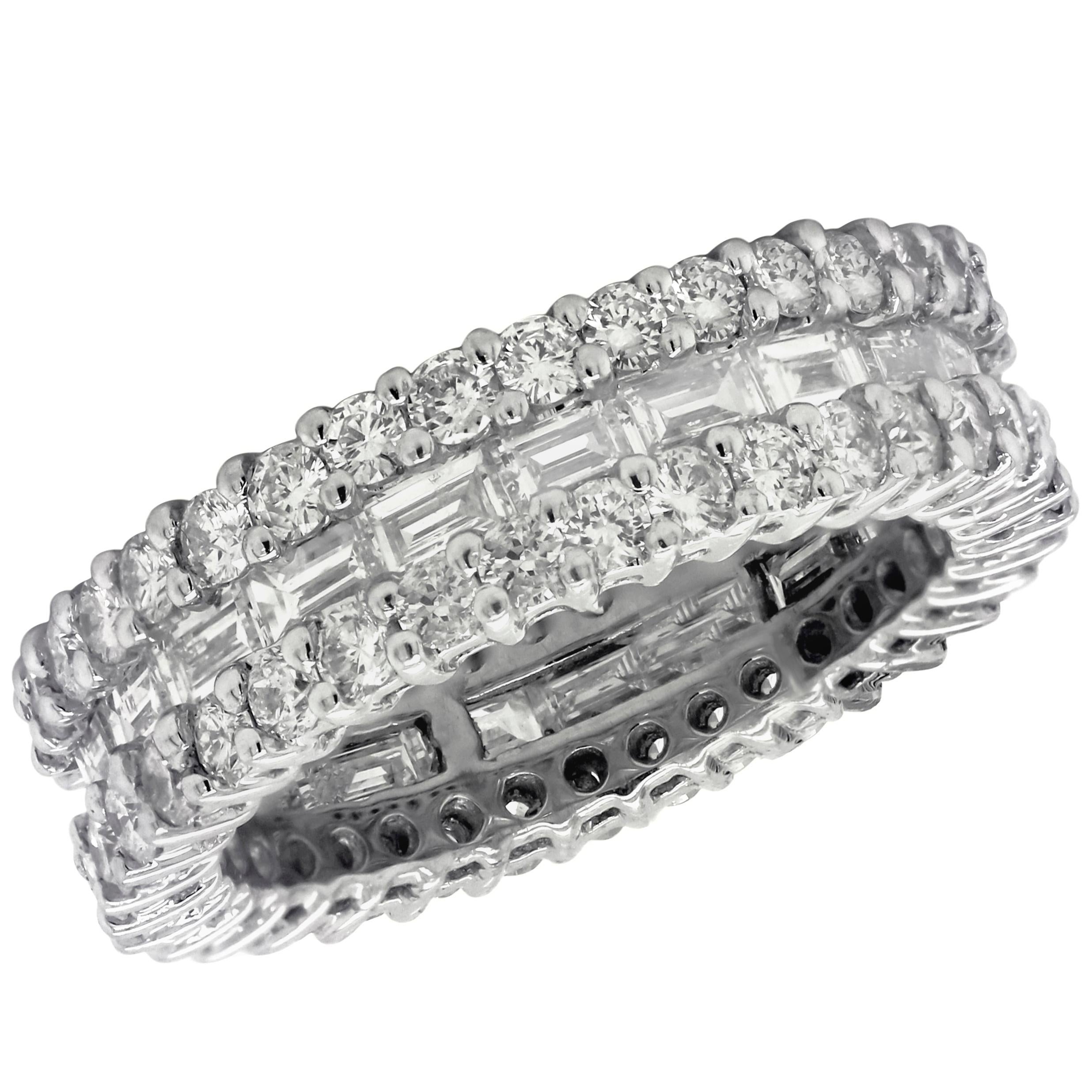 Baguette and Round Diamond 14 Karat White Gold Eternity Band Ring For Sale