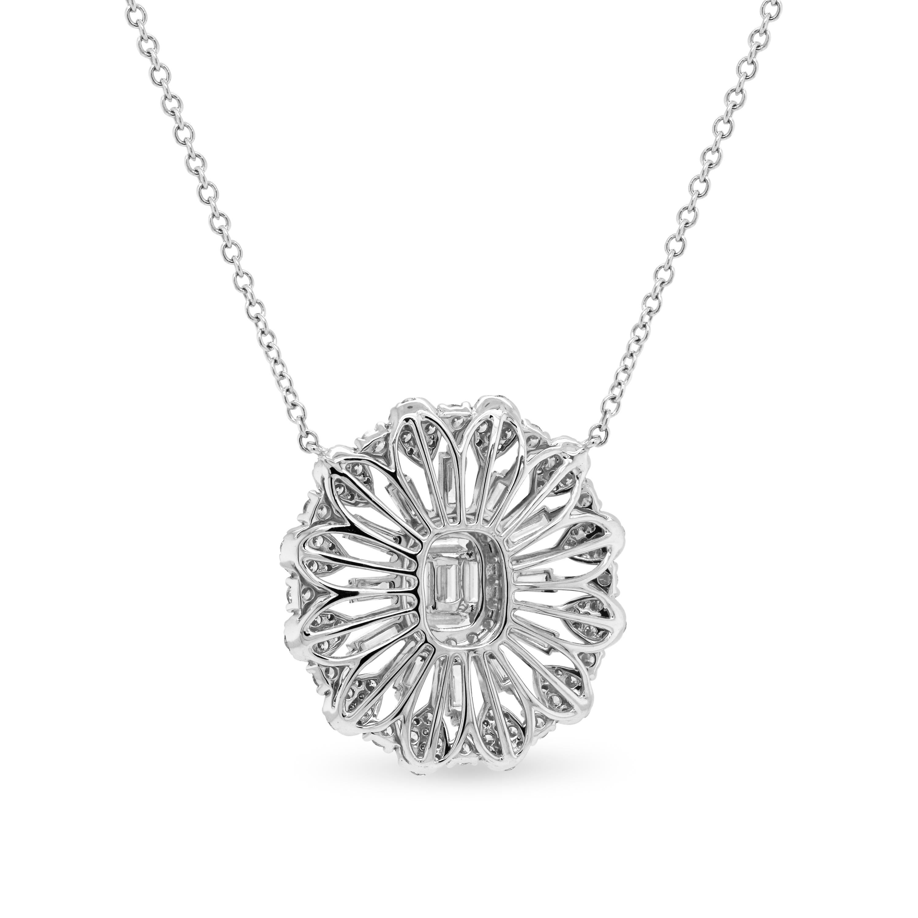 Baguette and Round Diamond 18K White Gold Circle Pendant Chain Necklace

Very chic and stylish, this beautiful pendant has baguette diamonds in the center that lead to round diamonds on the edge. Chain is attached from both sides of the