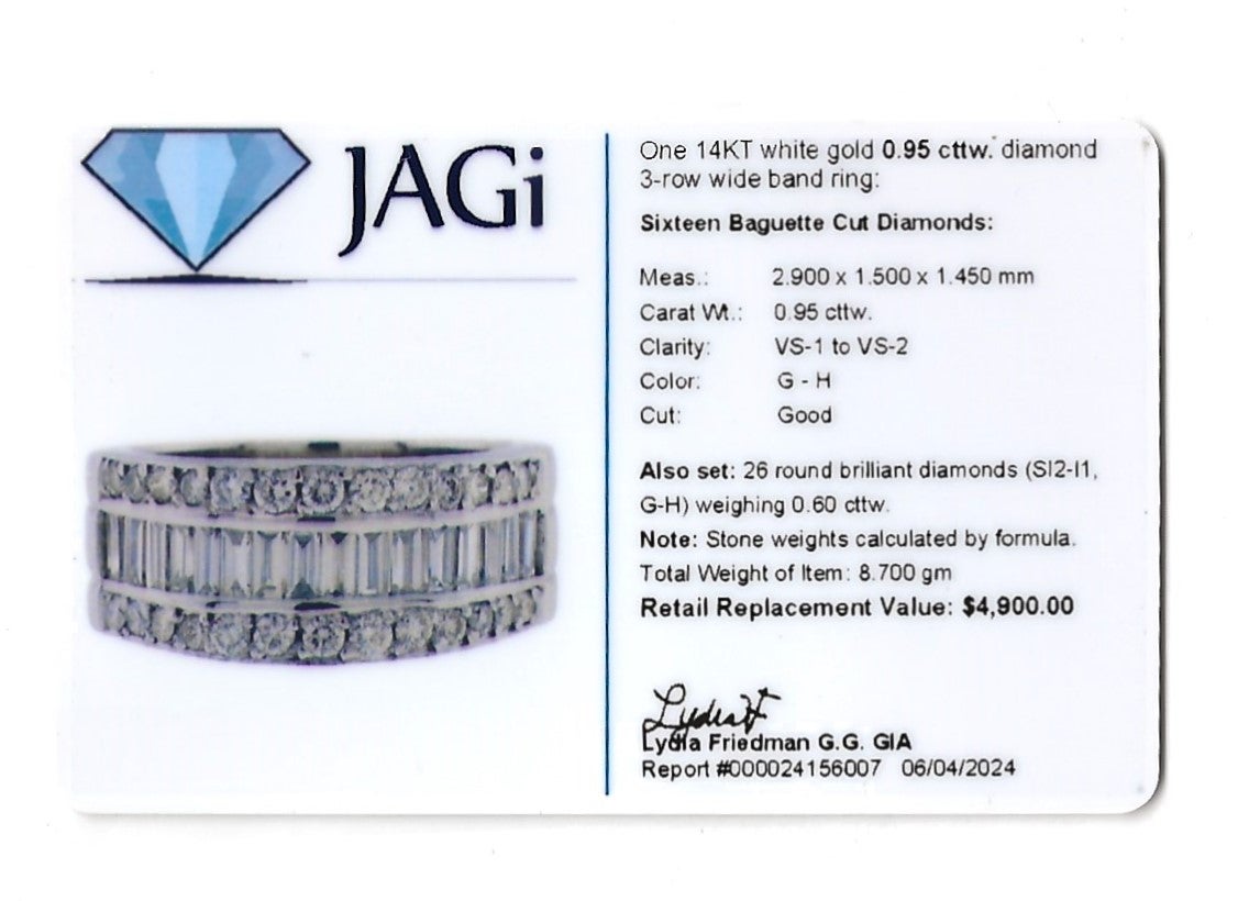 Anello a fascia larga a 3 file di diamanti tondi e baguette in oro bianco lucido 14 carati in vendita 7