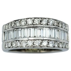 Baguette and Round Diamond 3 Row Wide Band Ring in Polished 14 Karat White Gold