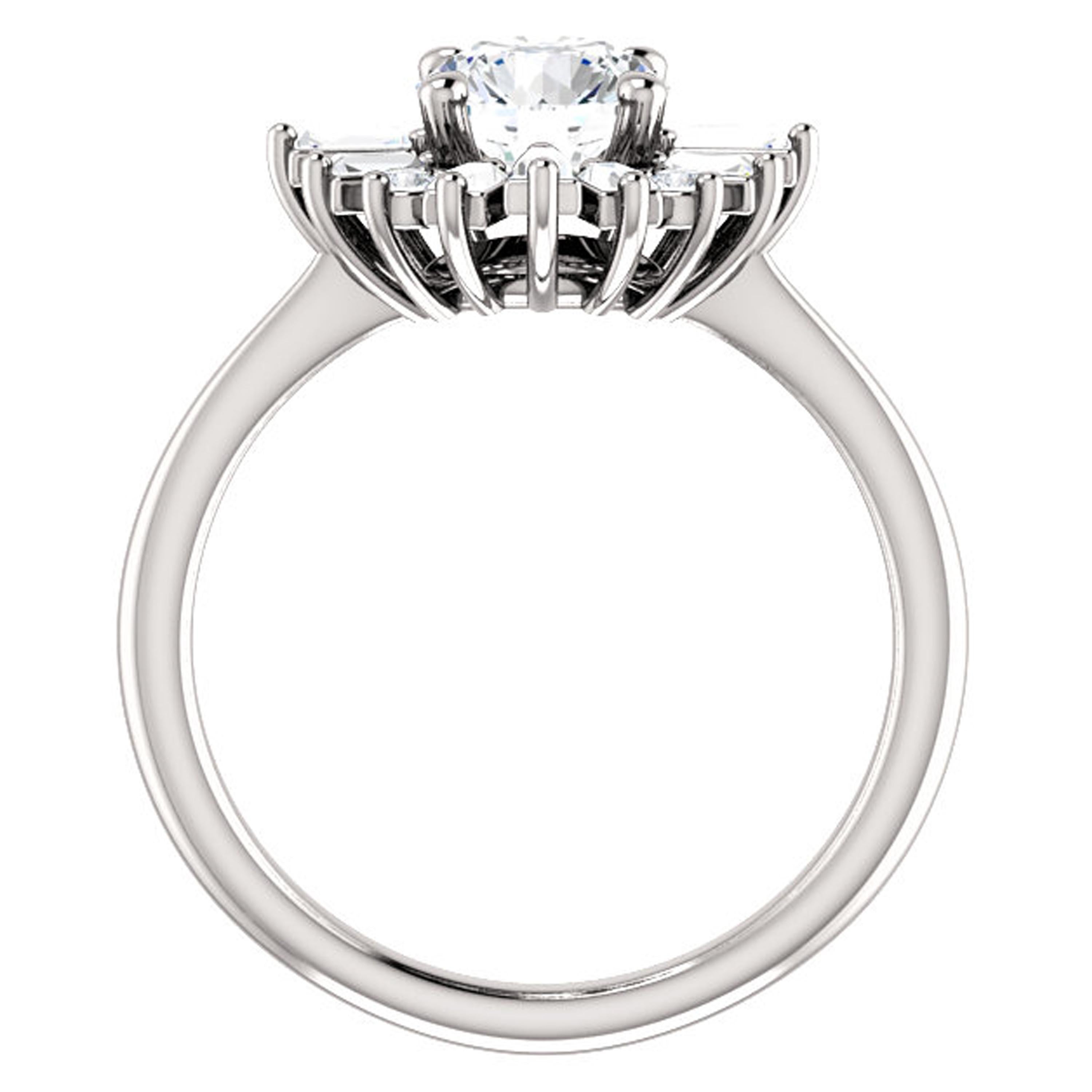 Contemporary Baguette and Round Diamond Accented Halo Style GIA Certified Engagement Ring For Sale