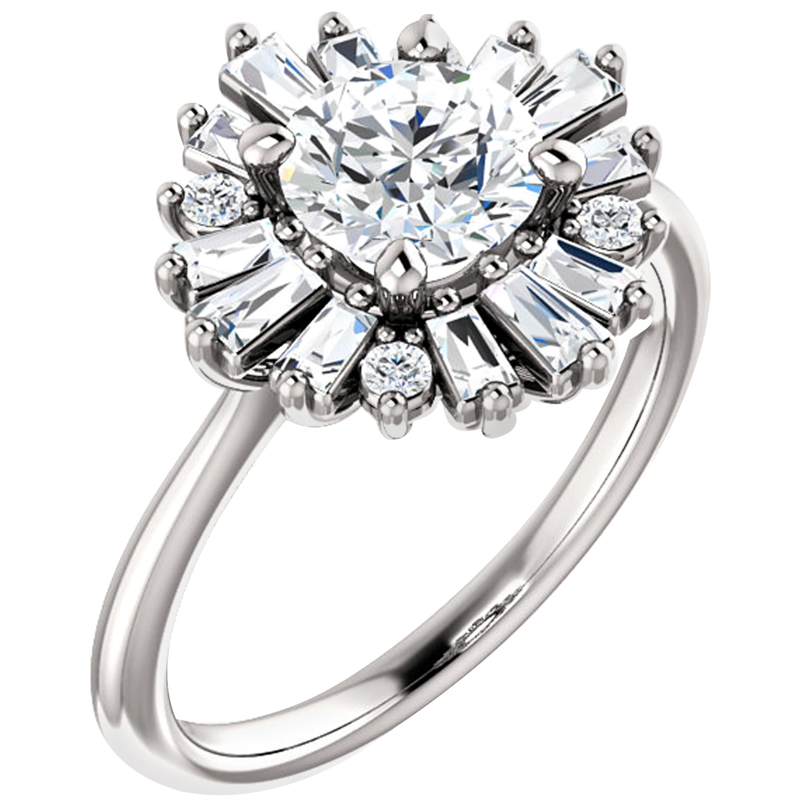 Baguette and Round Diamond Accented Halo Style GIA Certified Engagement Ring For Sale