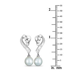 Baguette and Round Diamond and Pearl White Gold Omega Earrings