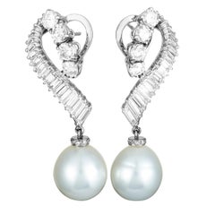 Baguette and Round Diamond and Pearl White Gold Omega Earrings