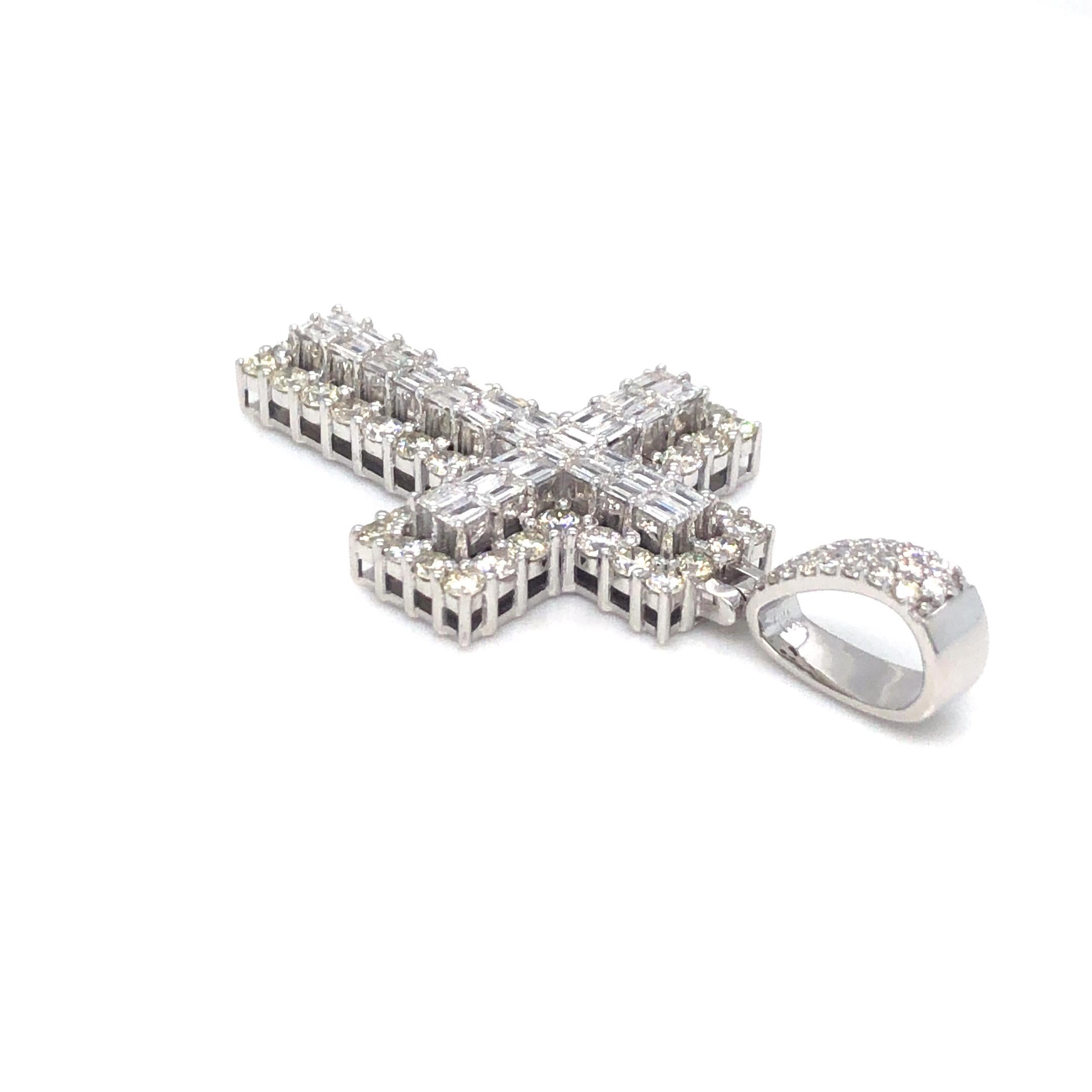 Round Cut Baguette and Round Diamond Cross 14K White Gold
