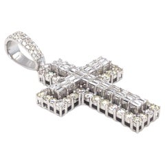Baguette and Round Diamond Cross 14K White Gold