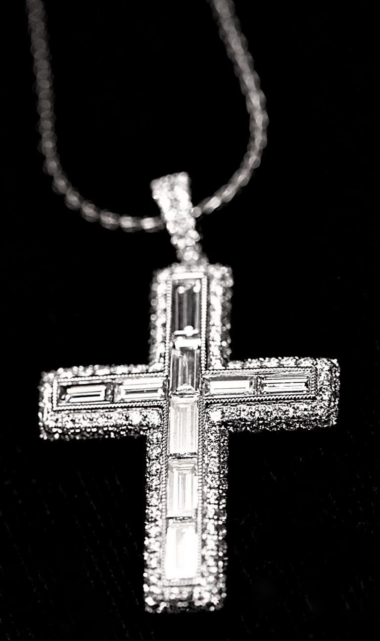 Baguette and Round Diamond Cross Pendant by House of Baguettes For Sale