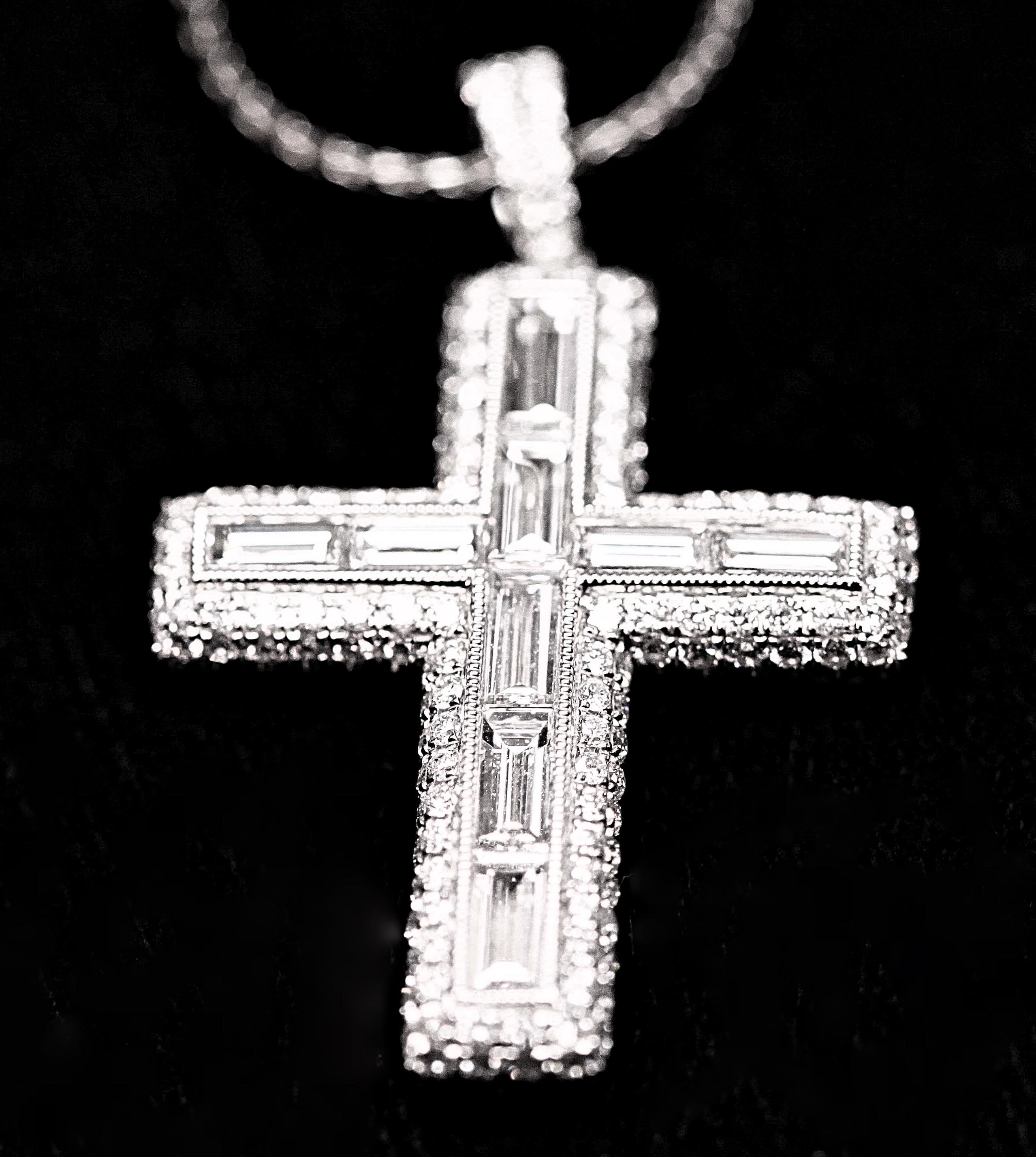 Baguette Cut Baguette and Round Diamond Cross Pendant by House of Baguettes For Sale