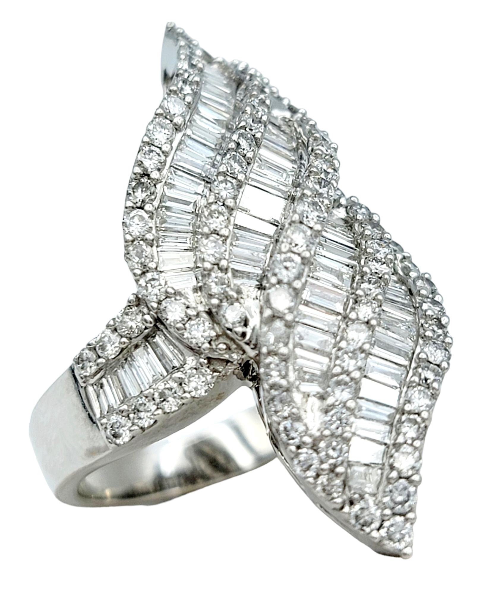 Contemporary Baguette and Round Diamond Double Flame Cocktail Ring in 14 Karat White Gold For Sale