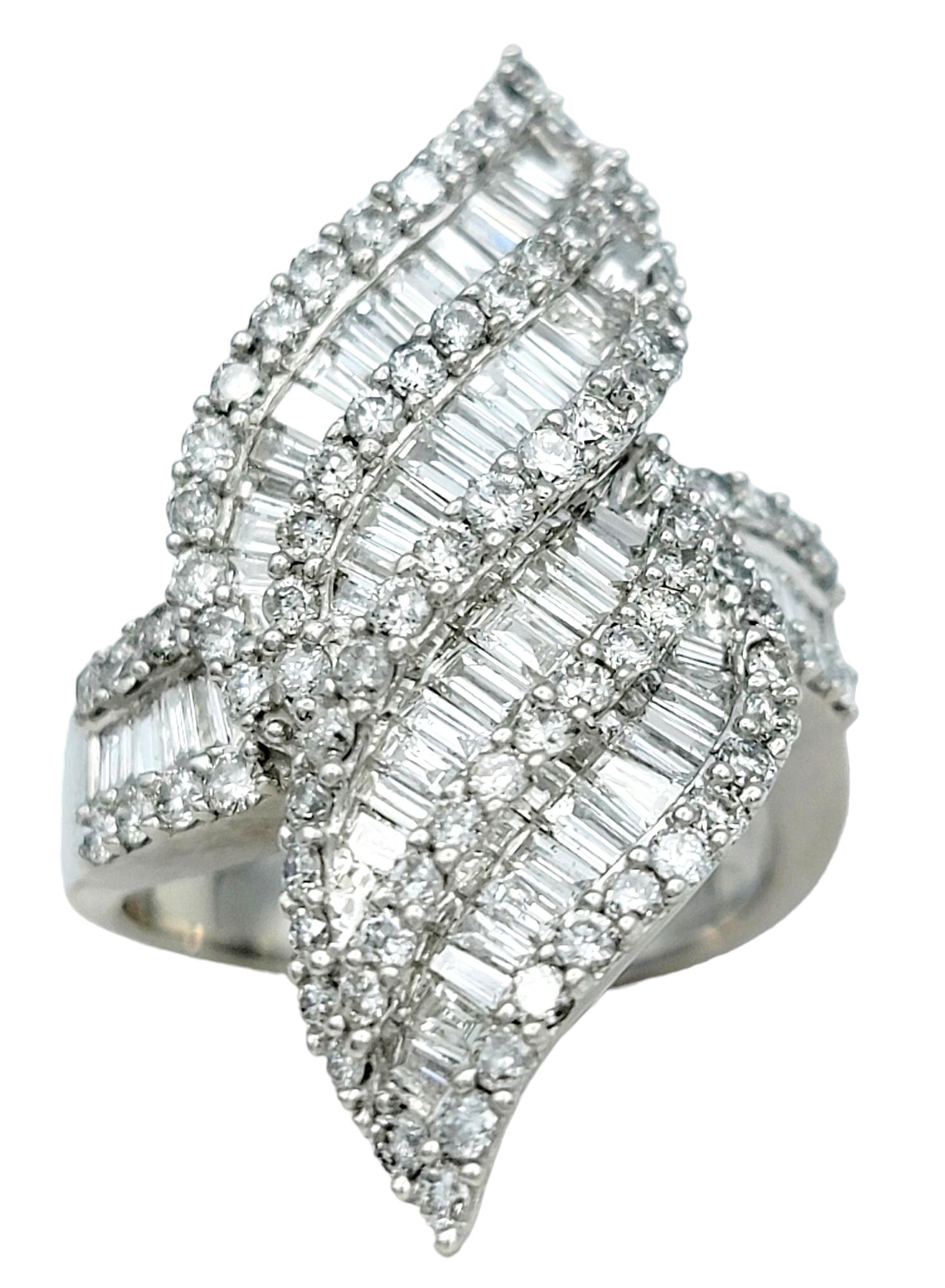 Baguette Cut Baguette and Round Diamond Double Flame Cocktail Ring in 14 Karat White Gold For Sale