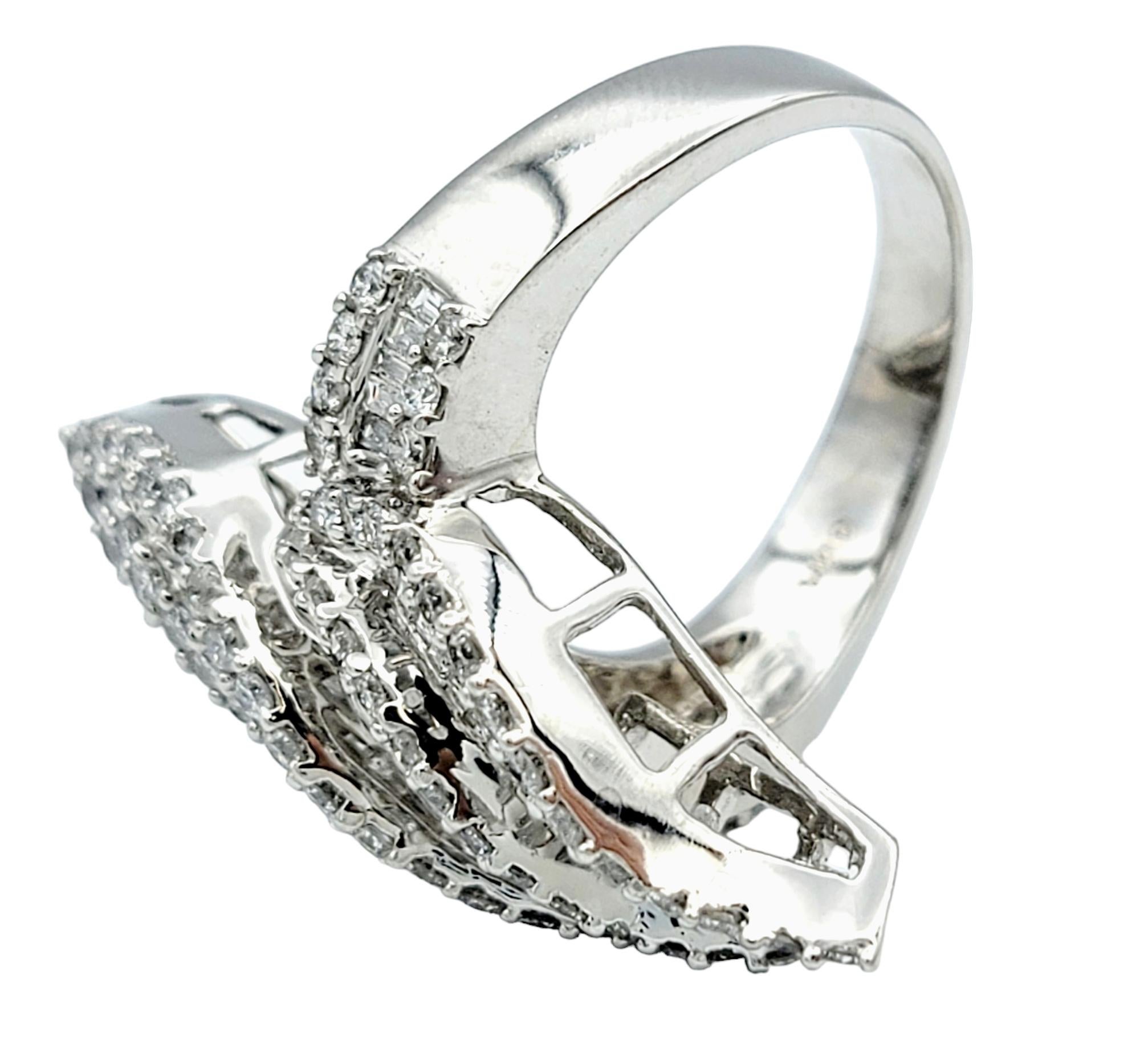 Women's Baguette and Round Diamond Double Flame Cocktail Ring in 14 Karat White Gold For Sale