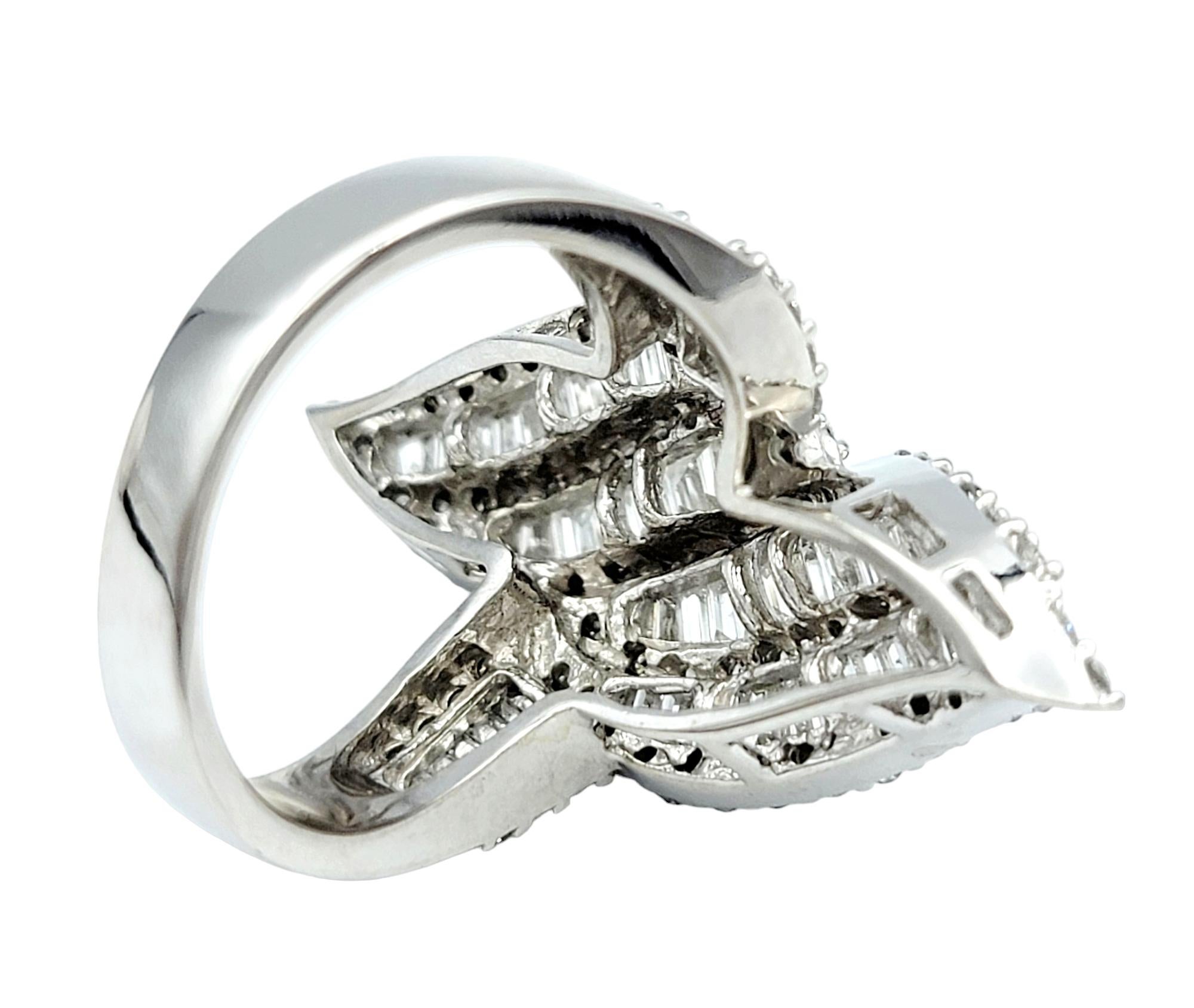 Baguette and Round Diamond Double Flame Cocktail Ring in 14 Karat White Gold For Sale 1
