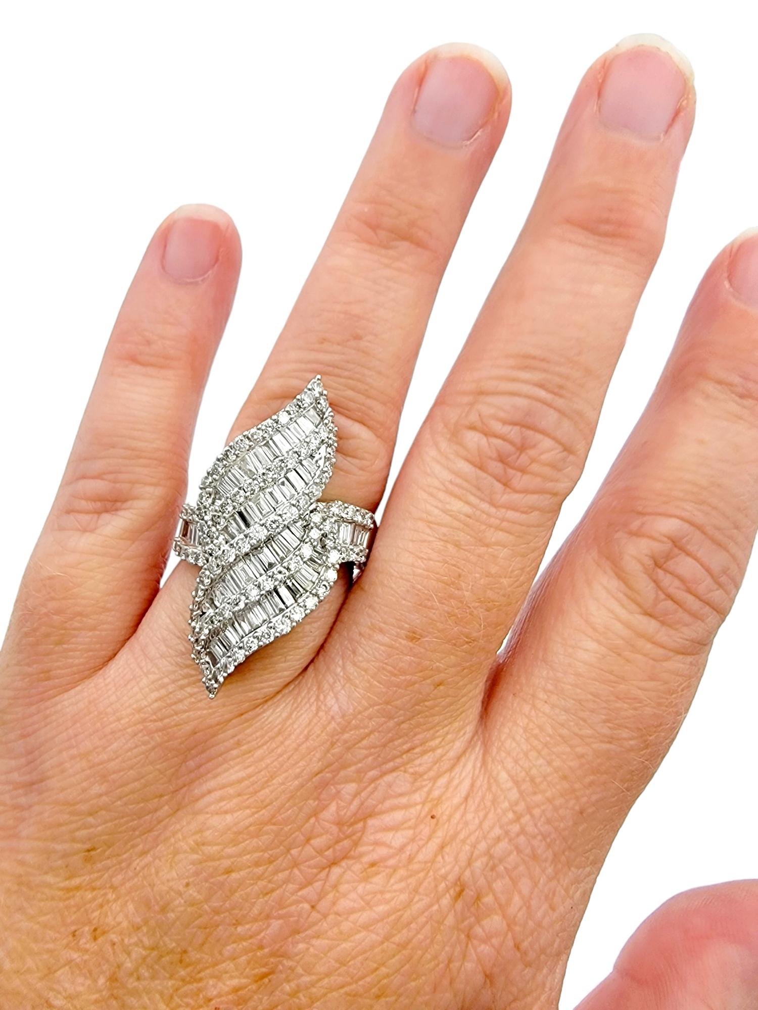 Baguette and Round Diamond Double Flame Cocktail Ring in 14 Karat White Gold For Sale 3