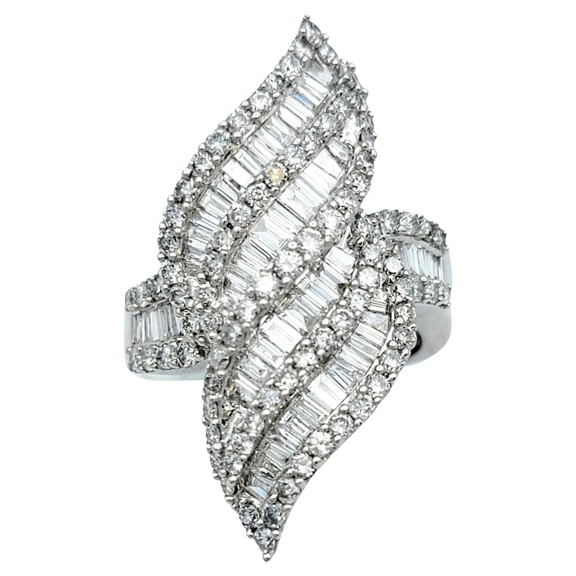 Baguette and Round Diamond Double Flame Cocktail Ring in 14 Karat White Gold For Sale