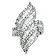 Baguette and Round Diamond Double Flame Cocktail Ring in 14 Karat White Gold