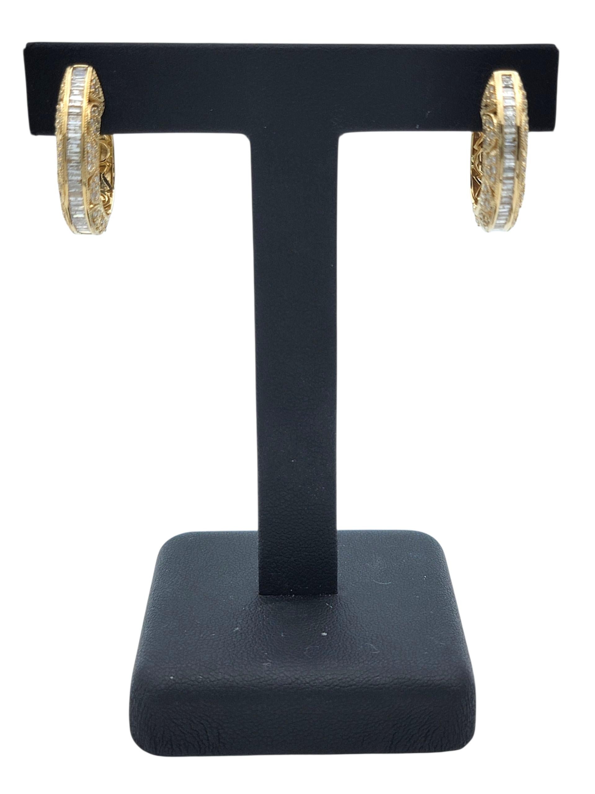 Baguette and Round Diamond Filigree Chunky Hoop Earrings in 14 Karat Yellow Gold For Sale 4