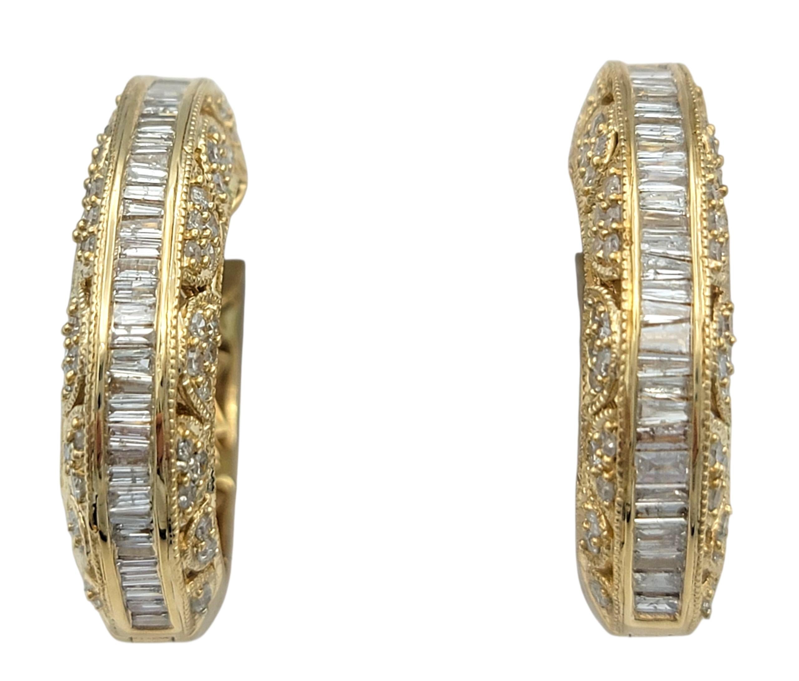 Contemporary Baguette and Round Diamond Filigree Chunky Hoop Earrings in 14 Karat Yellow Gold For Sale