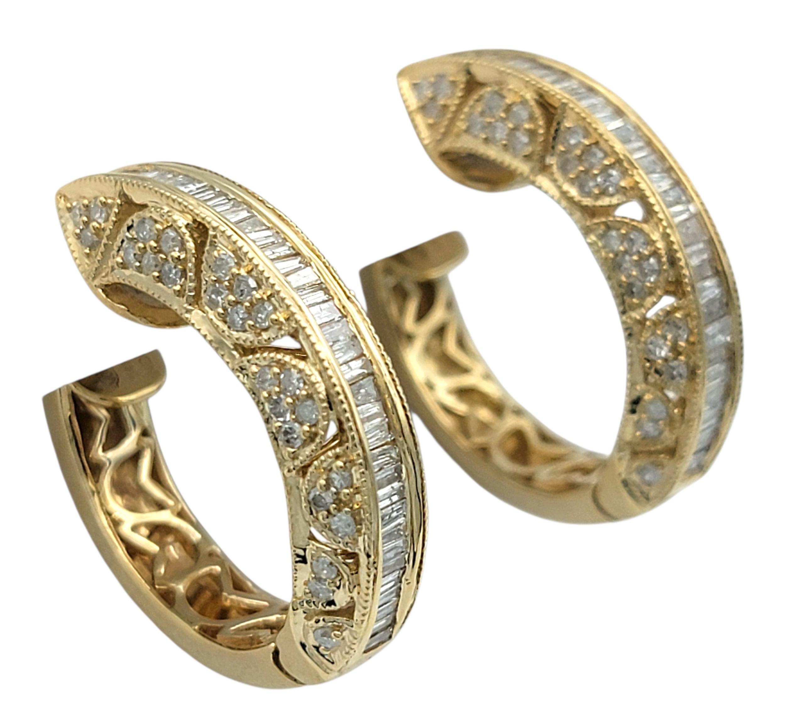 Round Cut Baguette and Round Diamond Filigree Chunky Hoop Earrings in 14 Karat Yellow Gold For Sale