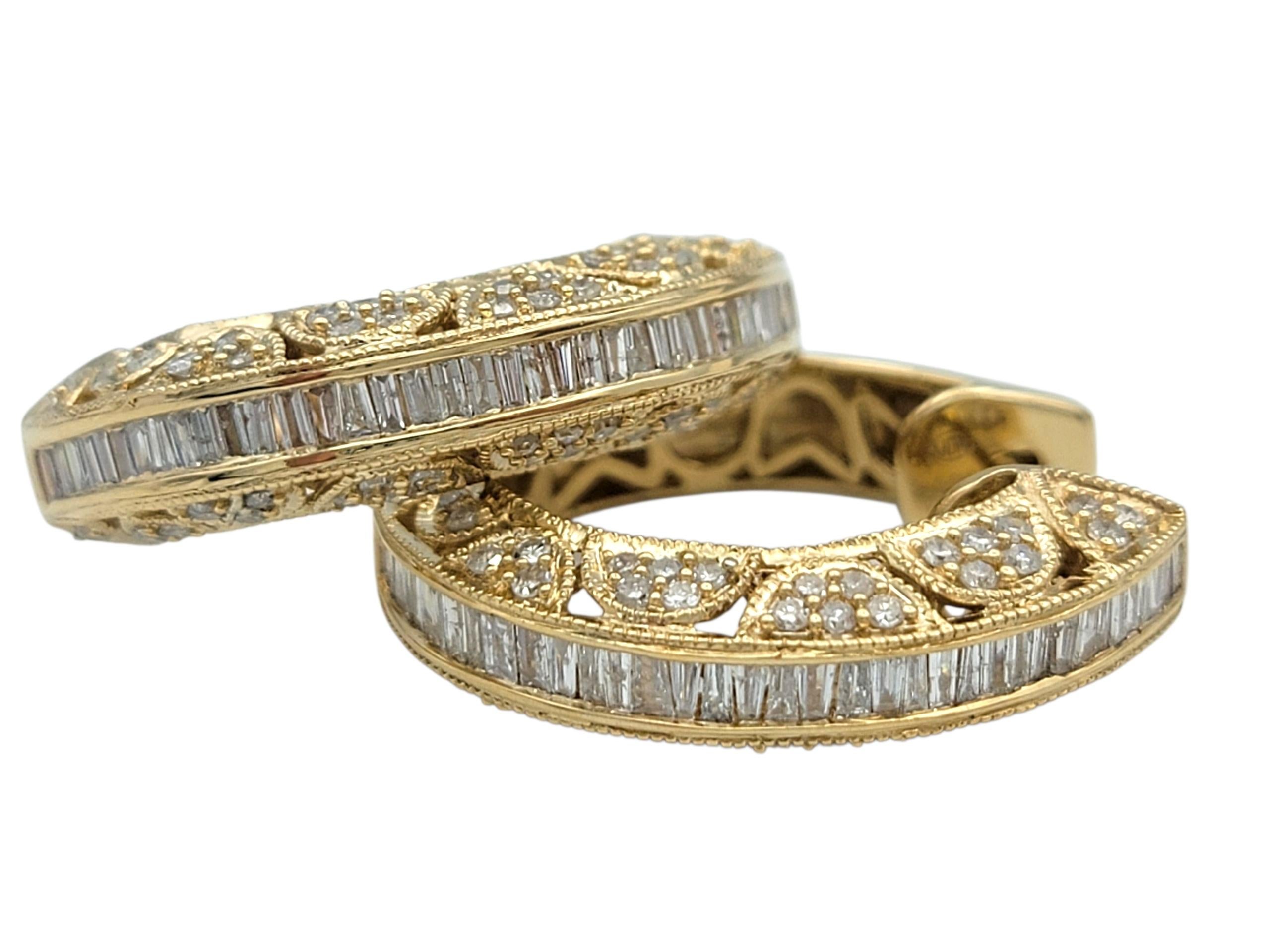 Baguette and Round Diamond Filigree Chunky Hoop Earrings in 14 Karat Yellow Gold In Good Condition For Sale In Scottsdale, AZ