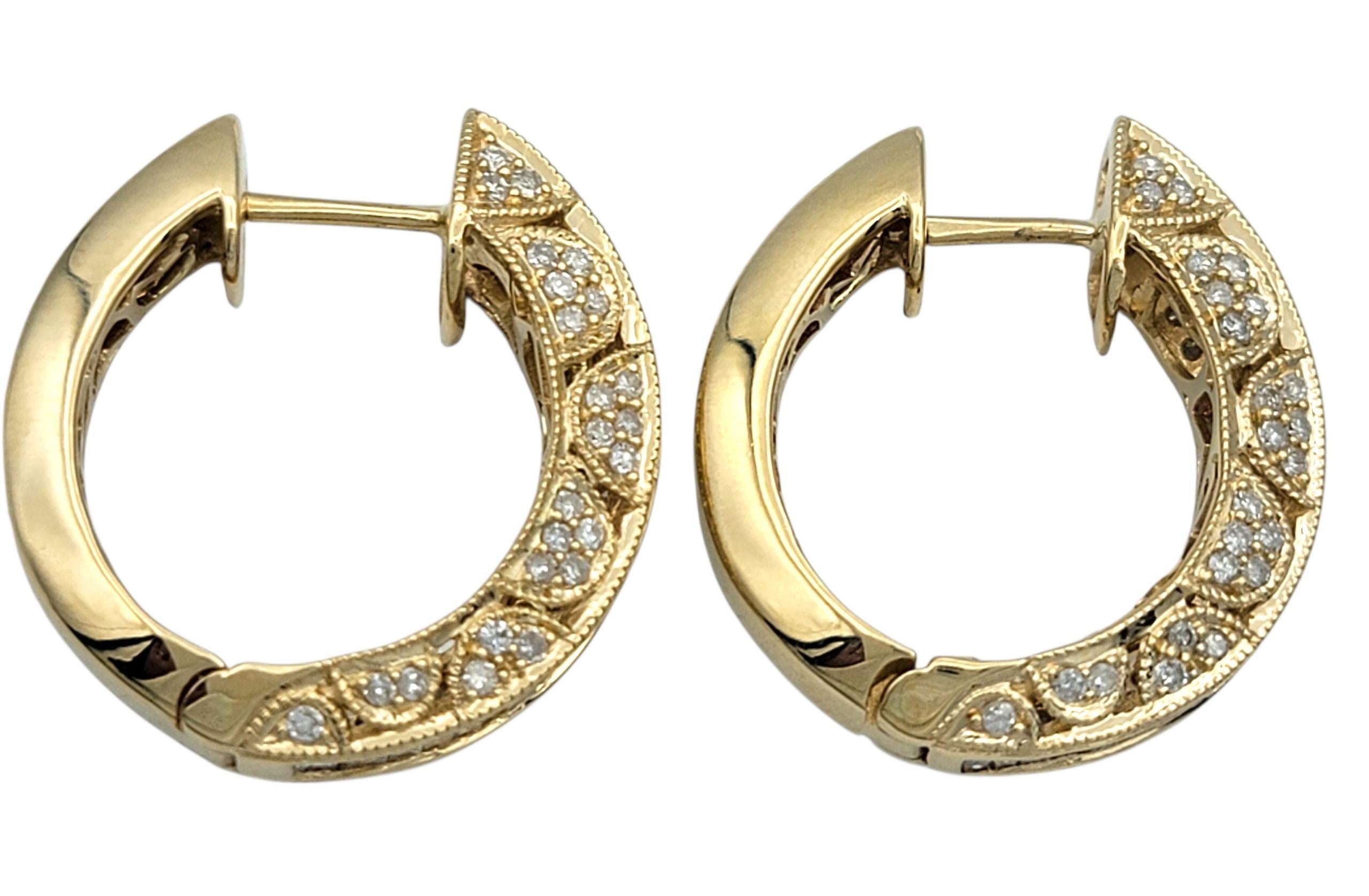 Women's Baguette and Round Diamond Filigree Chunky Hoop Earrings in 14 Karat Yellow Gold For Sale