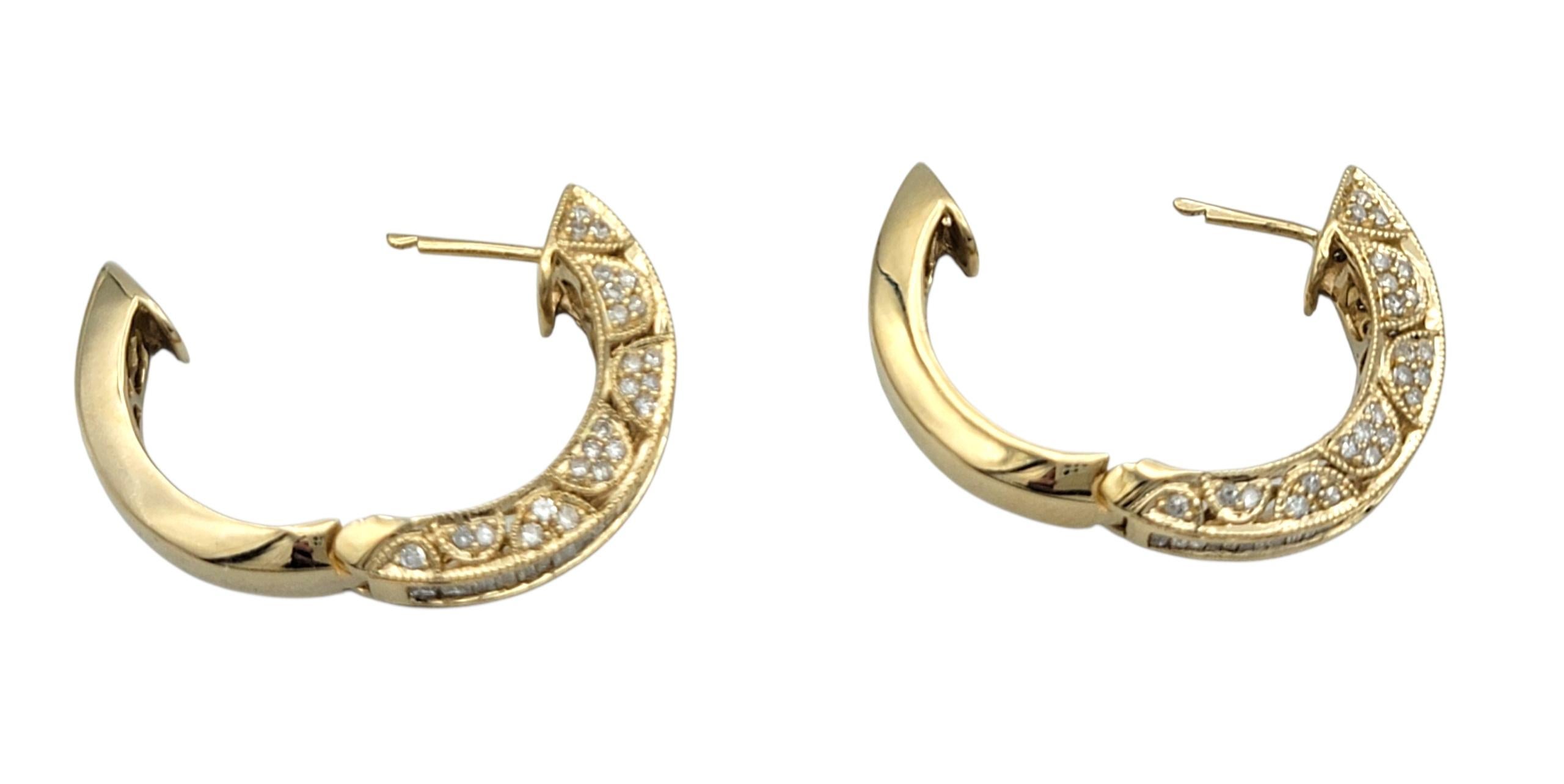 Baguette and Round Diamond Filigree Chunky Hoop Earrings in 14 Karat Yellow Gold For Sale 1