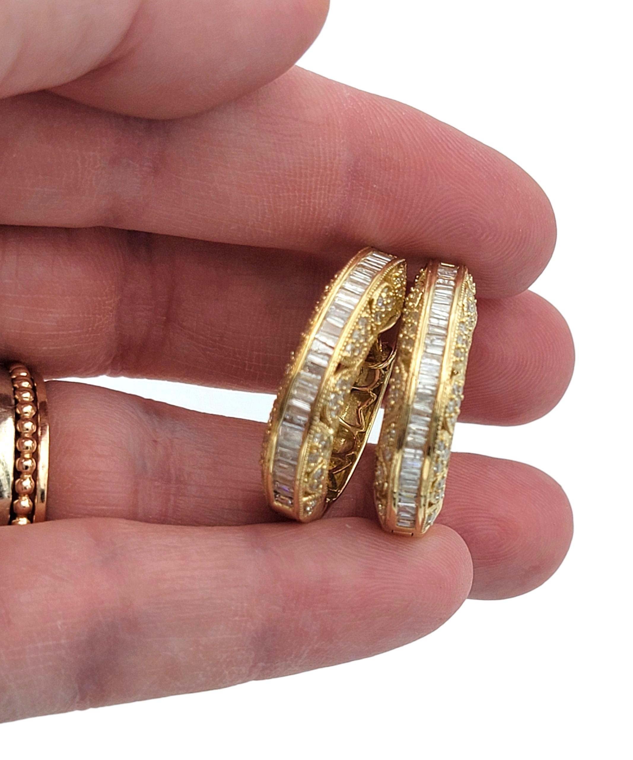 Baguette and Round Diamond Filigree Chunky Hoop Earrings in 14 Karat Yellow Gold For Sale 3