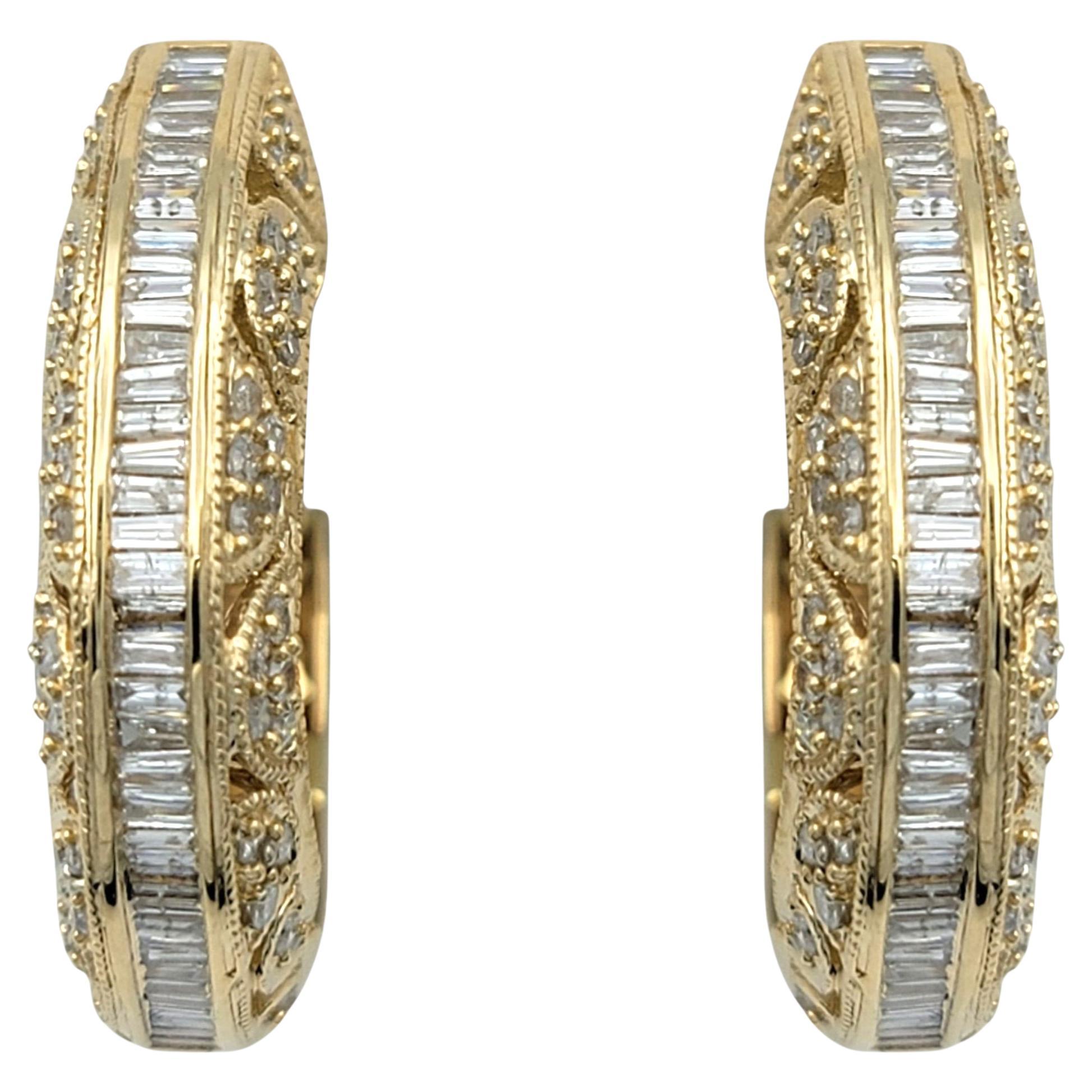Pendientes de aro grueso con filigrana de diamantes redondos y baguette en oro amarillo de 14 quilates