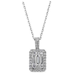 Baguette and Round Diamond Halo Pendant Necklace