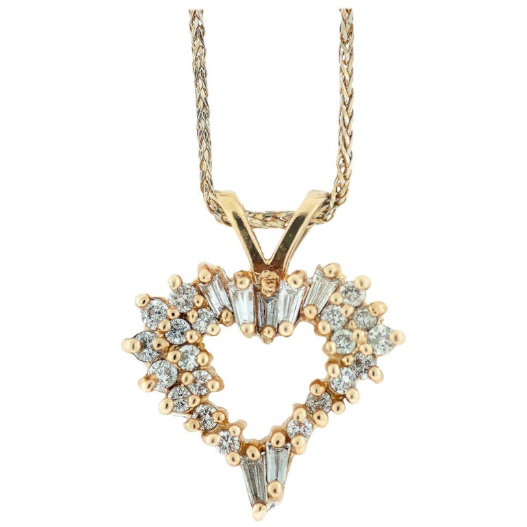 Baguette And Round Diamond Heart Pendant 70 Carat With Gold Chain Expression For Sale At 1stdibs