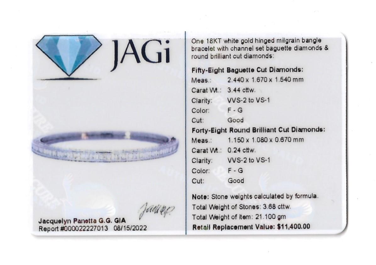 Baguette and Round Diamond Hinged Milgrain 18 Karat White Gold Bangle Bracelet  For Sale 8