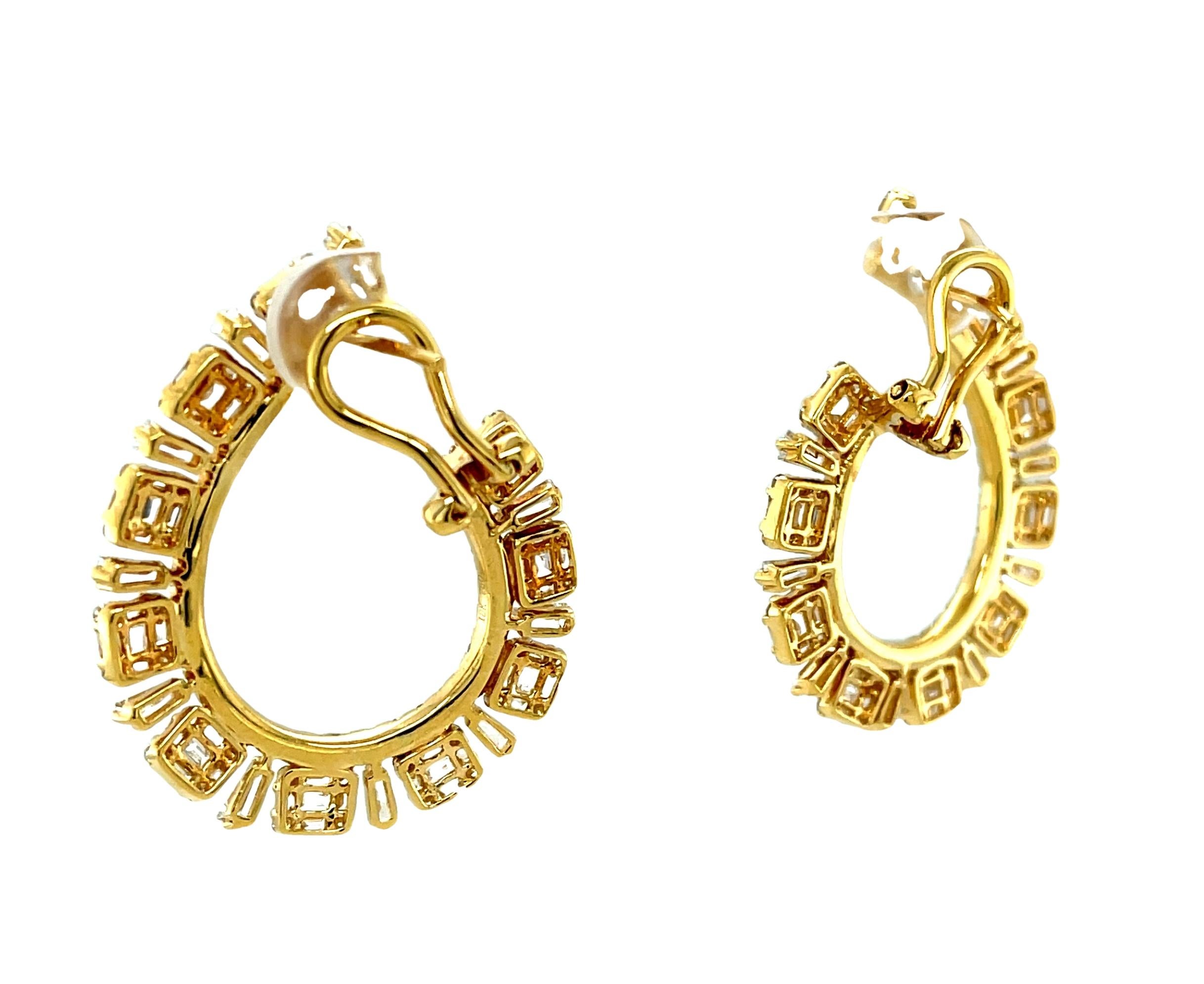 Artisan Baguette and Round Diamond Hoop Earrings in Yellow Gold, 3.12 Carats Total For Sale