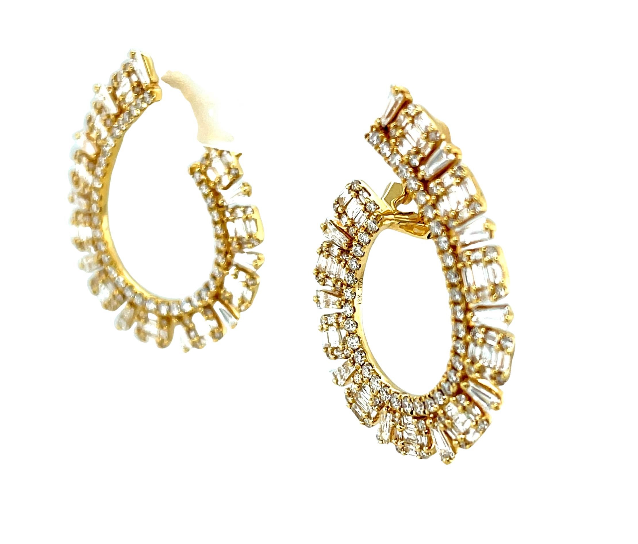 Baguette Cut Baguette and Round Diamond Hoop Earrings in Yellow Gold, 3.12 Carats Total For Sale