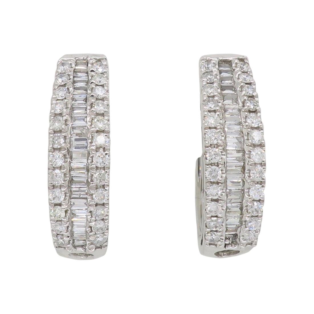 Baguette and Round Diamond Huggie Style Hoop Earrings