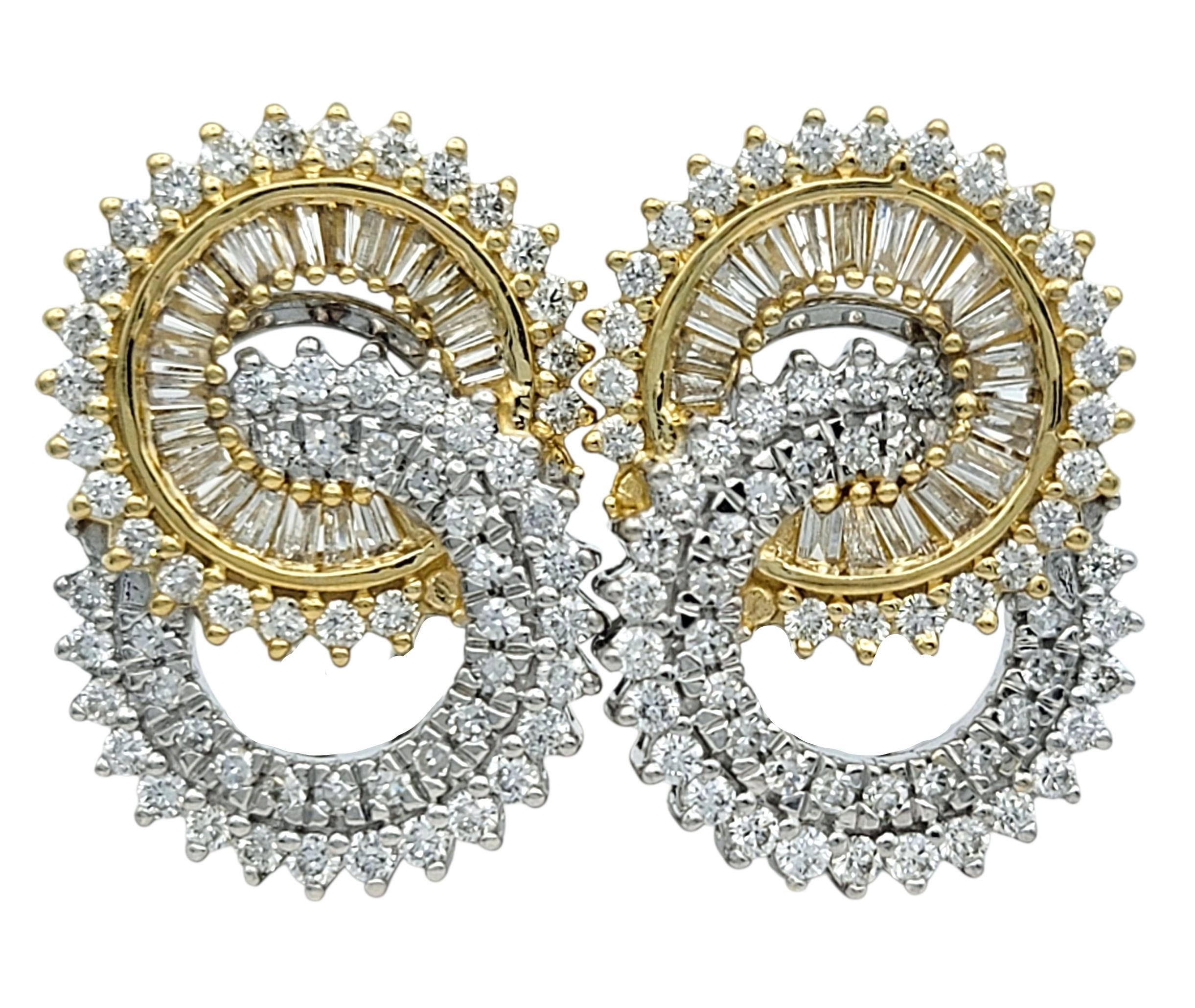 Contemporary Baguette and Round Diamond Interlocking Open Circle Earrings in 18 Karat Gold For Sale