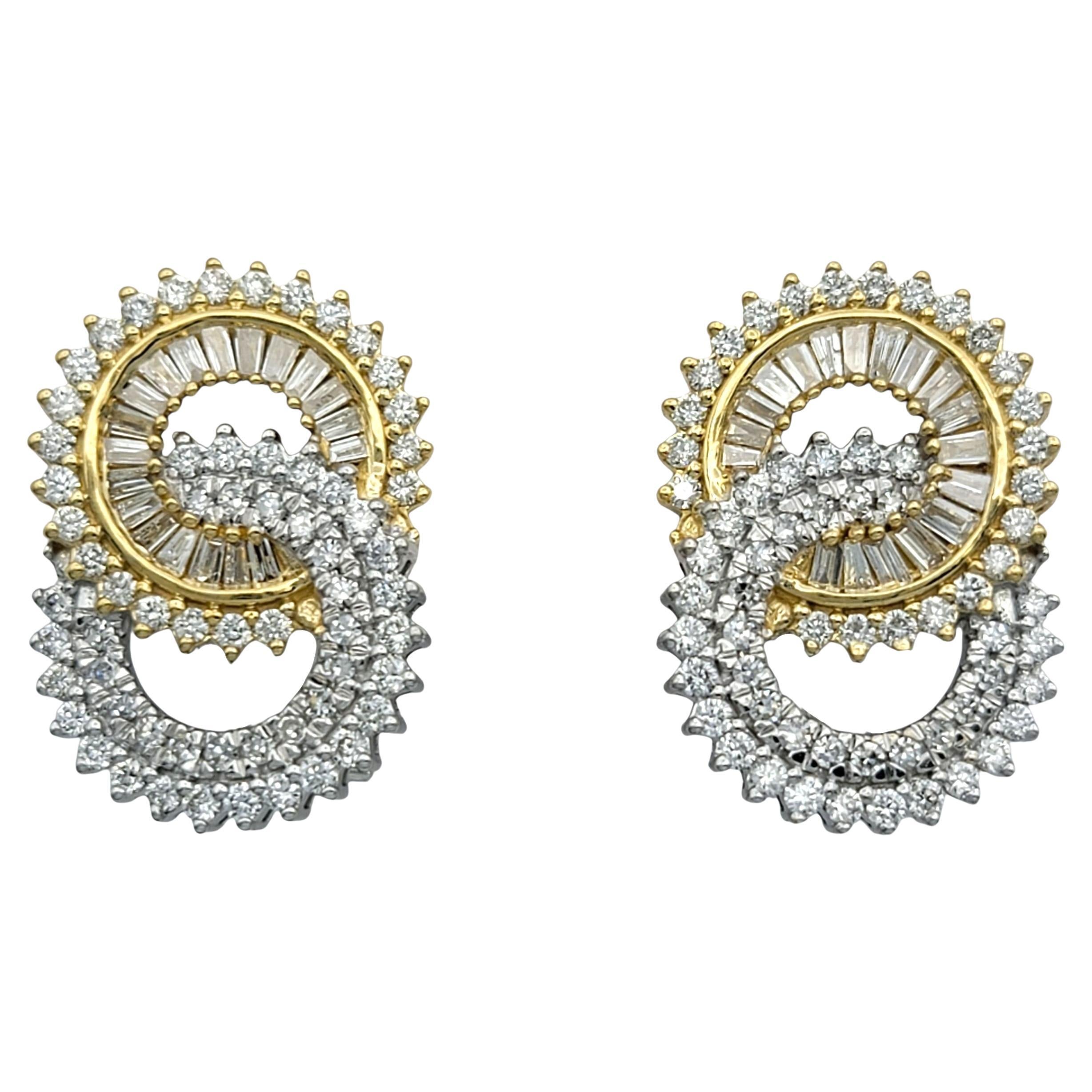 Baguette and Round Diamond Interlocking Open Circle Earrings in 18 Karat Gold For Sale